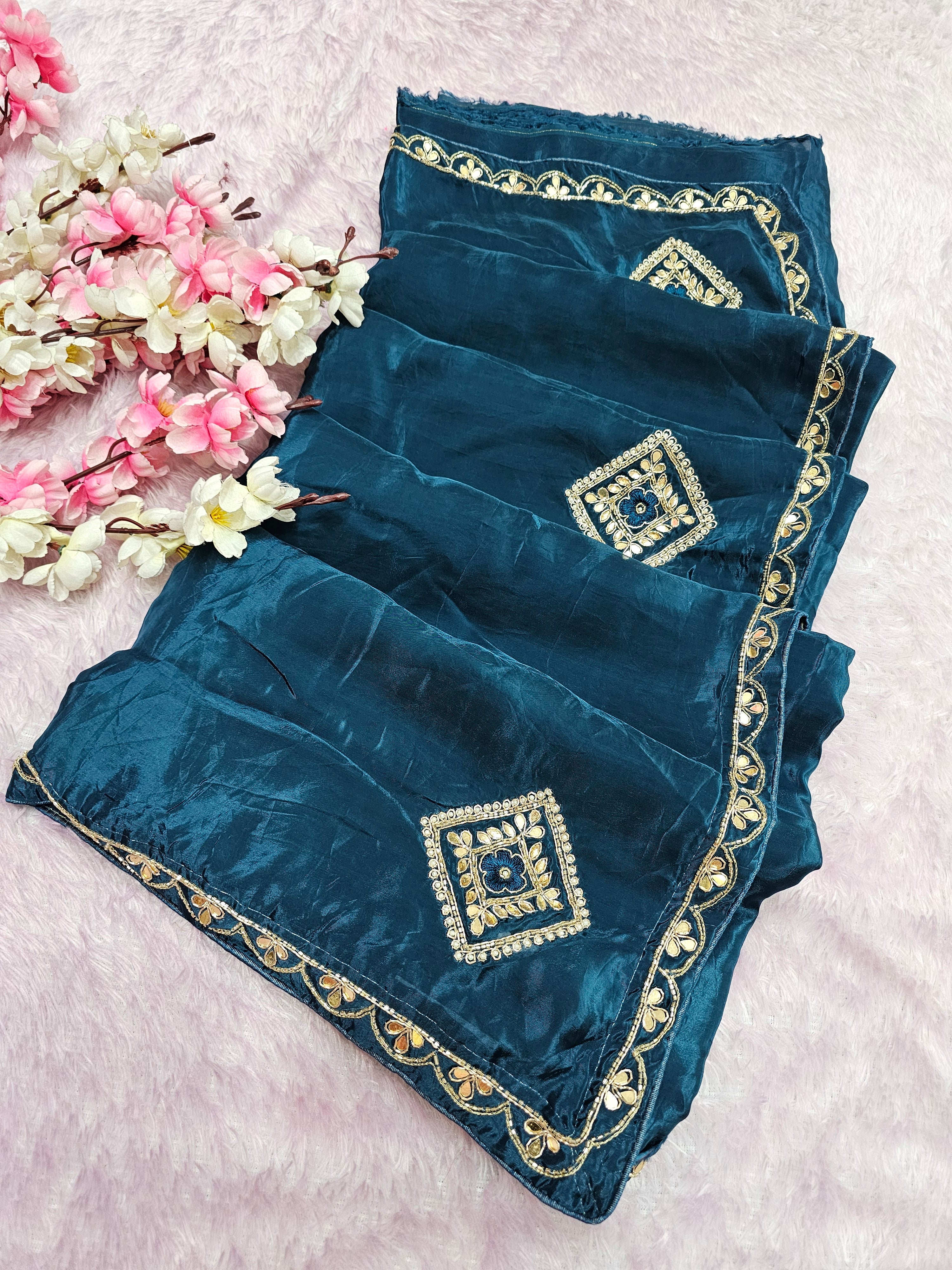 12456 Designer Pure H.O. Silk Traditional Rajasthani Saree with Hand Work - Teal