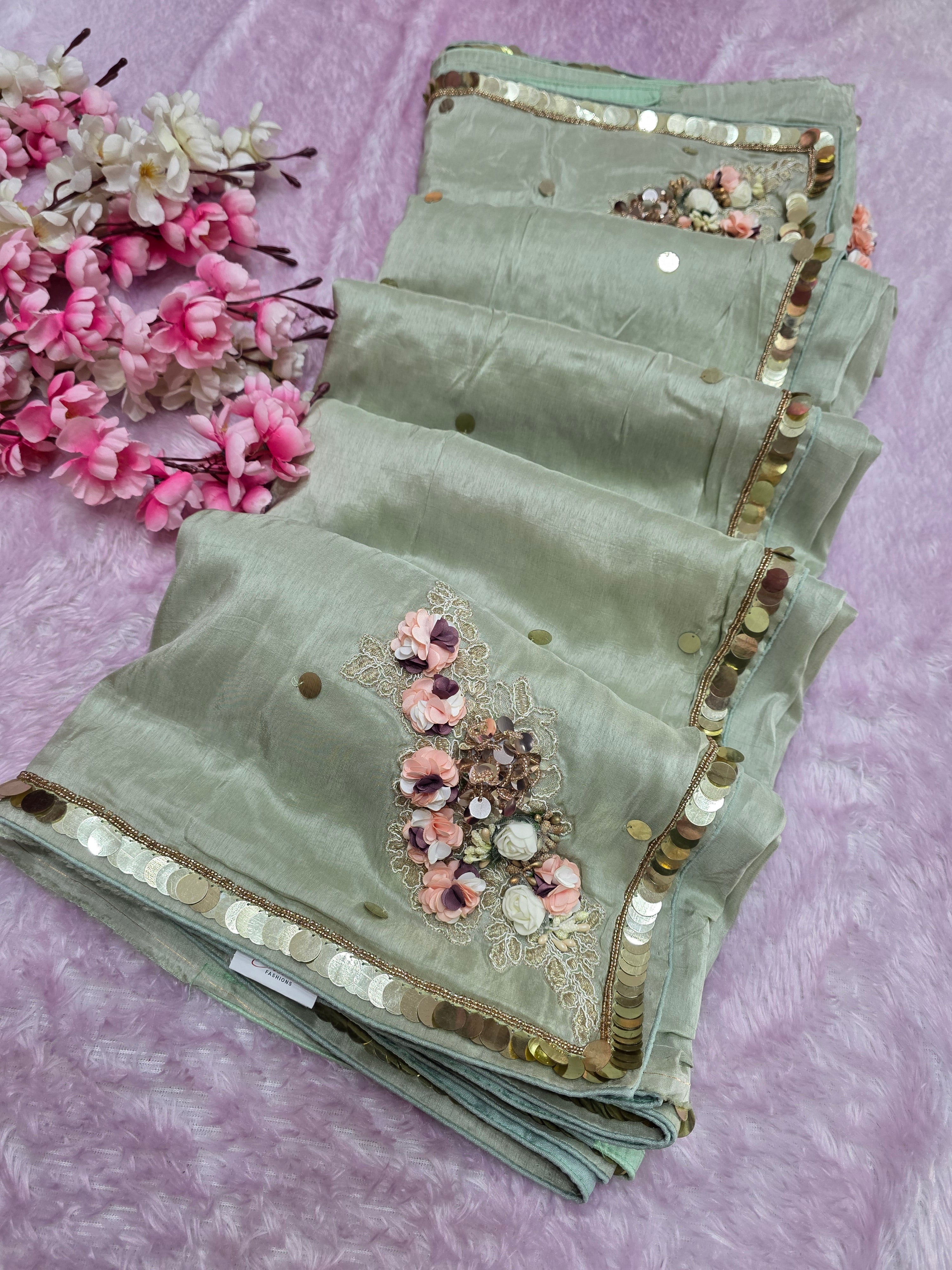 6660 Designer Party Wear Pure Russian Silk Fancy Saree with Handmade Work