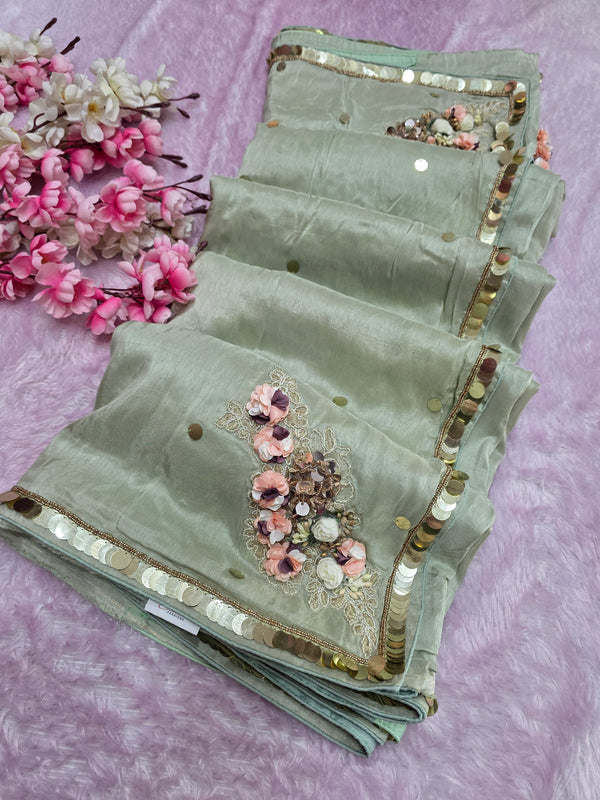 6660 Designer Party Wear Pure Russian Silk Fancy Saree with Handmade Work