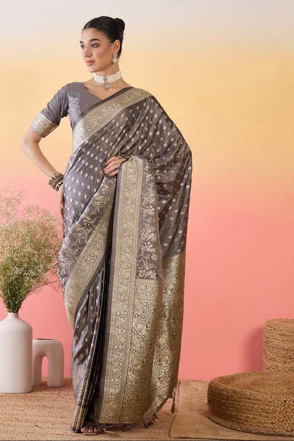 912003 Small Butta Banarasi Satin Silk Saree - Gray