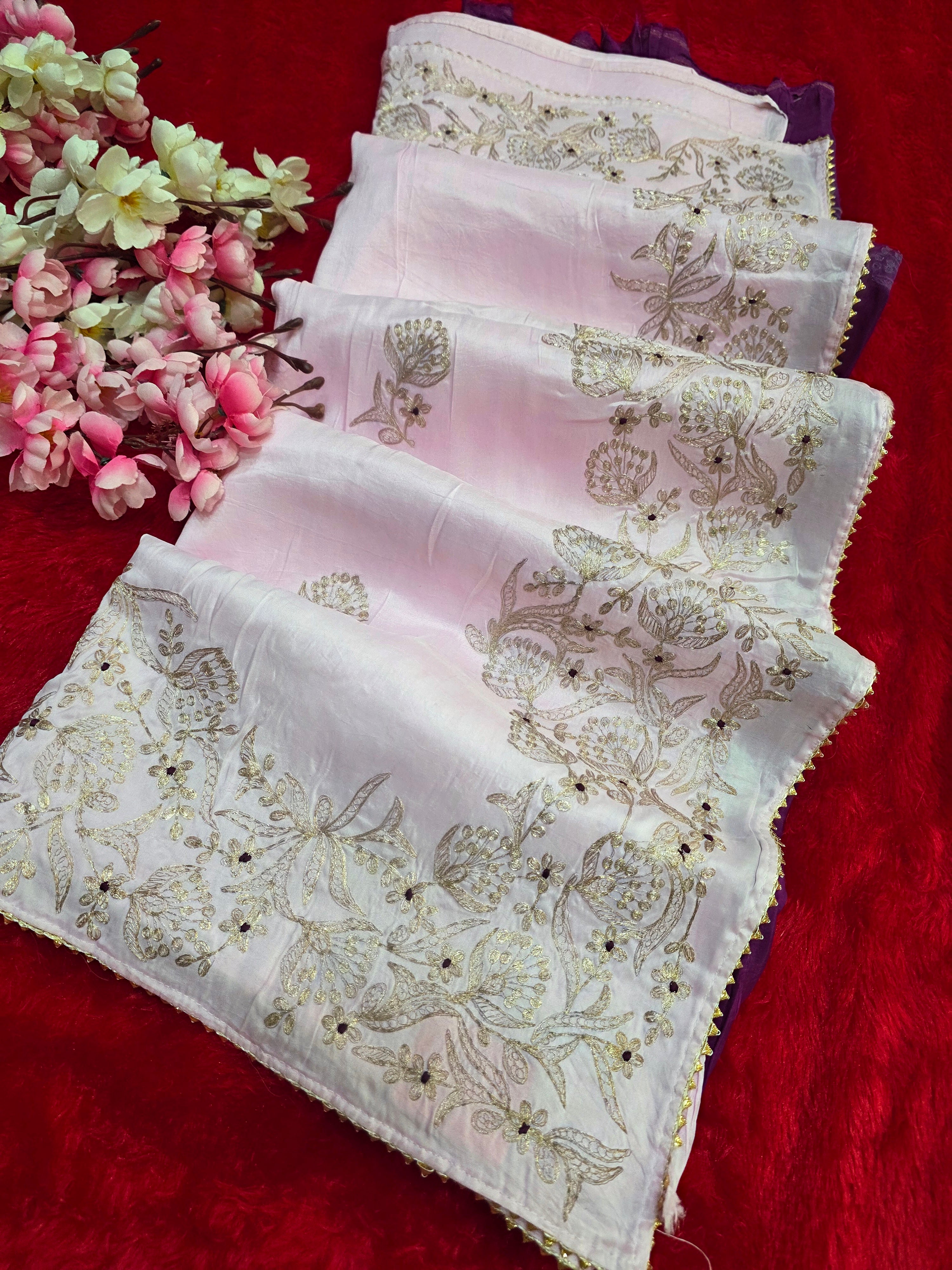 9641 Stylish Pure Russian Silk Pink Saree with Hand Pitta Zari Work