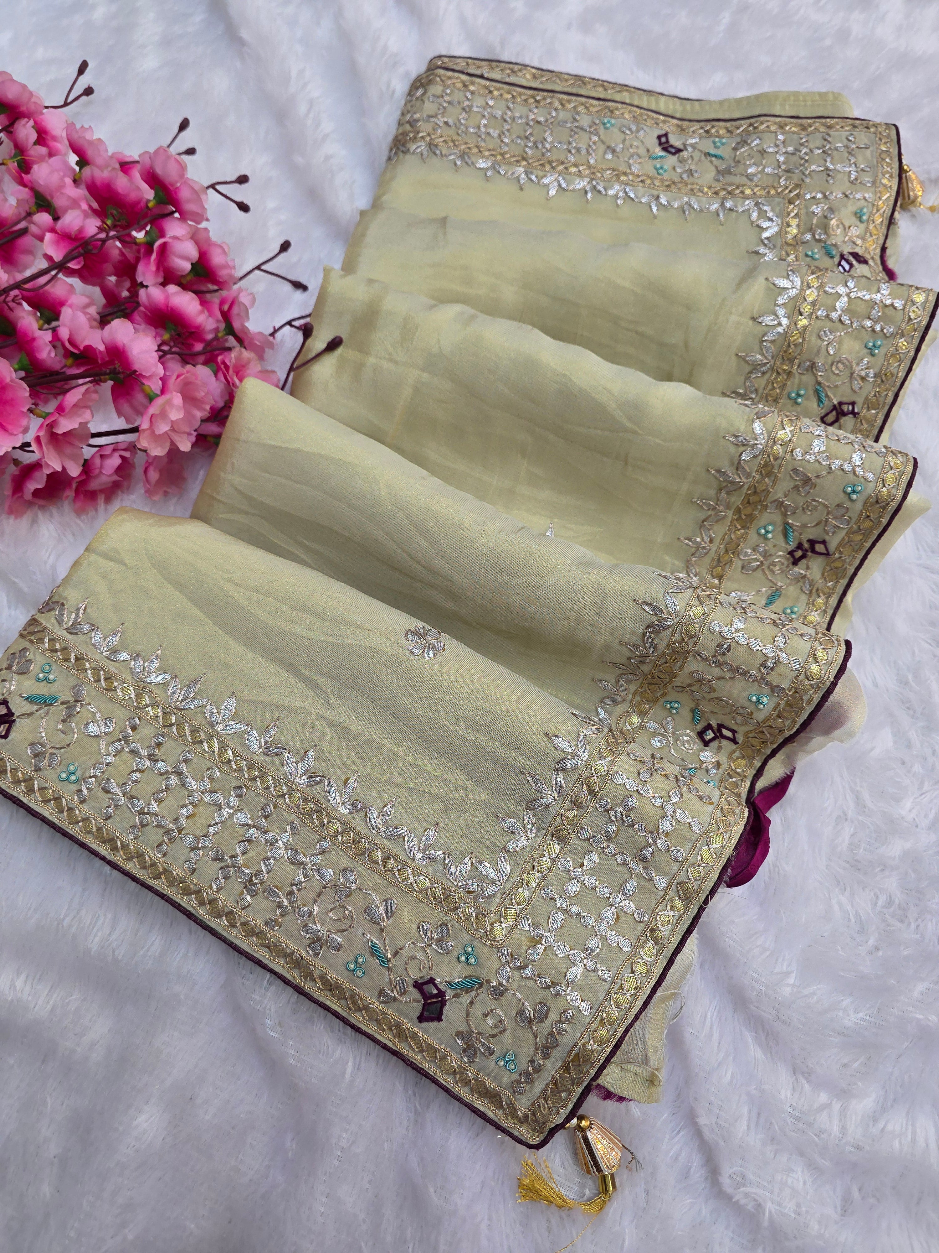 9637 Exclusive Wedding Wear Pure Golden Tissue Silk Saree With Rajasthani Gotapatti Hand Work
