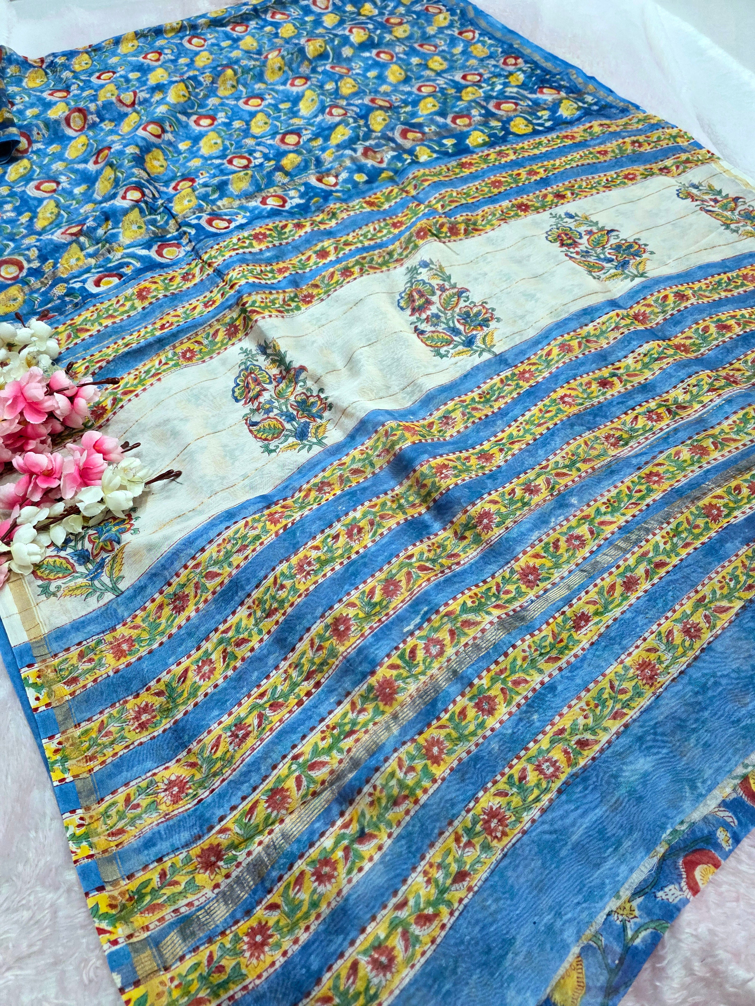 12583 Pure Chanderi Cotton Silk Handblocked Printed Natural Dye Saree