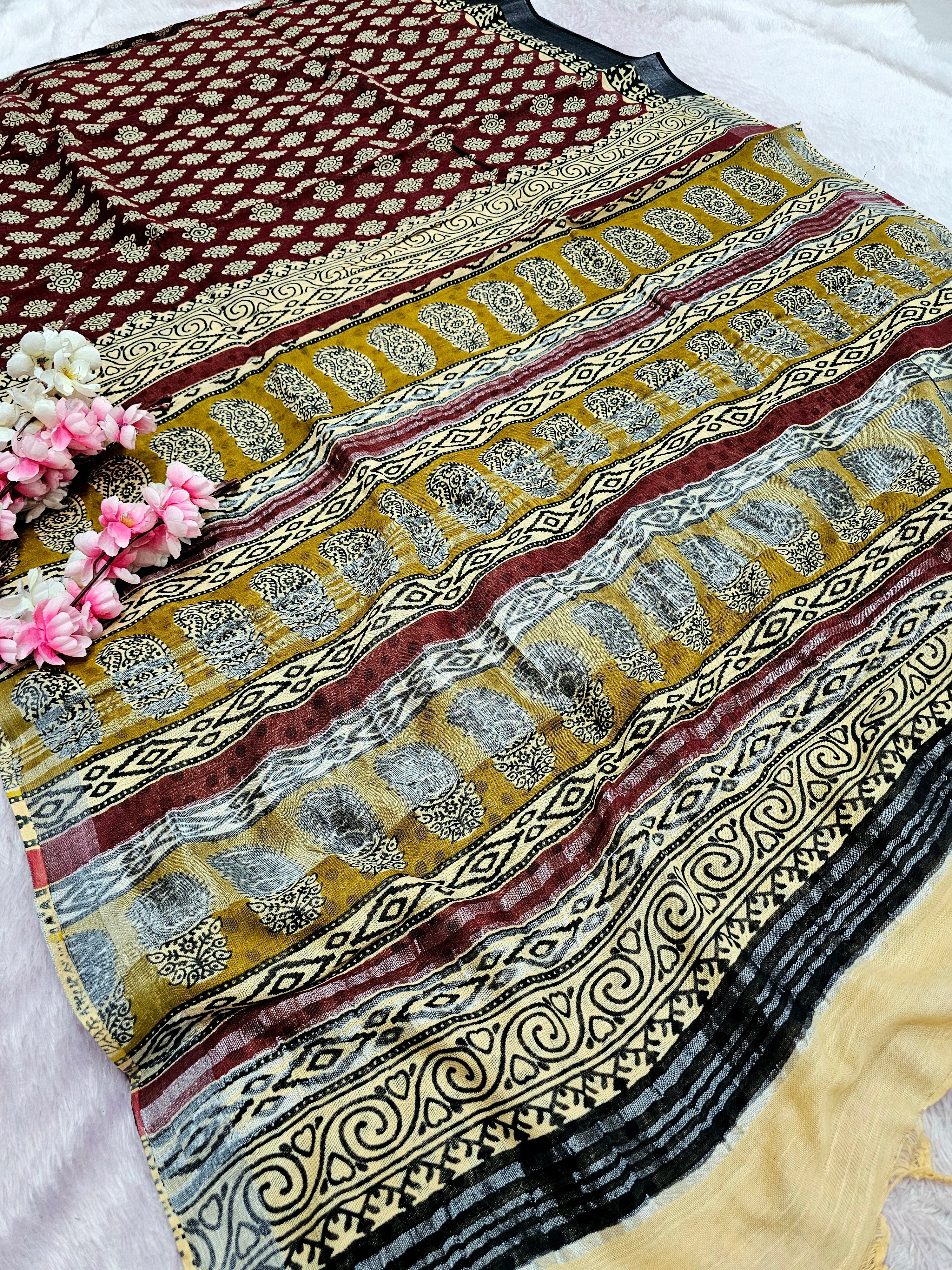 100201 Pure Rajasthani Natural Cotton Linen Hand Printed Saree
