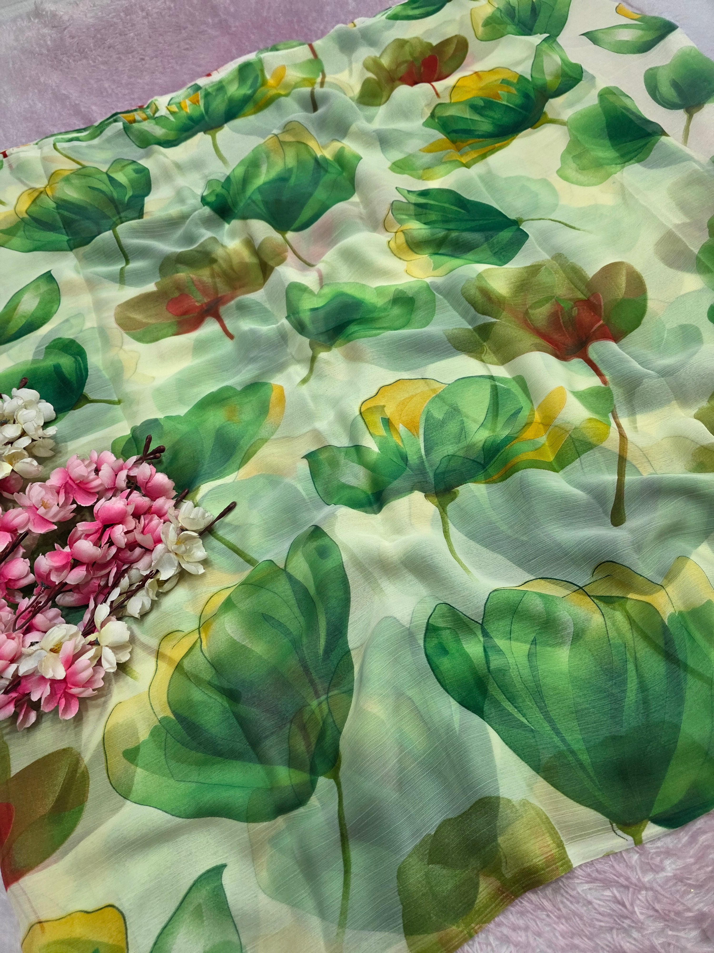 103905 Lightweight Elegant Semi Chiffon Flower Print Saree - Green