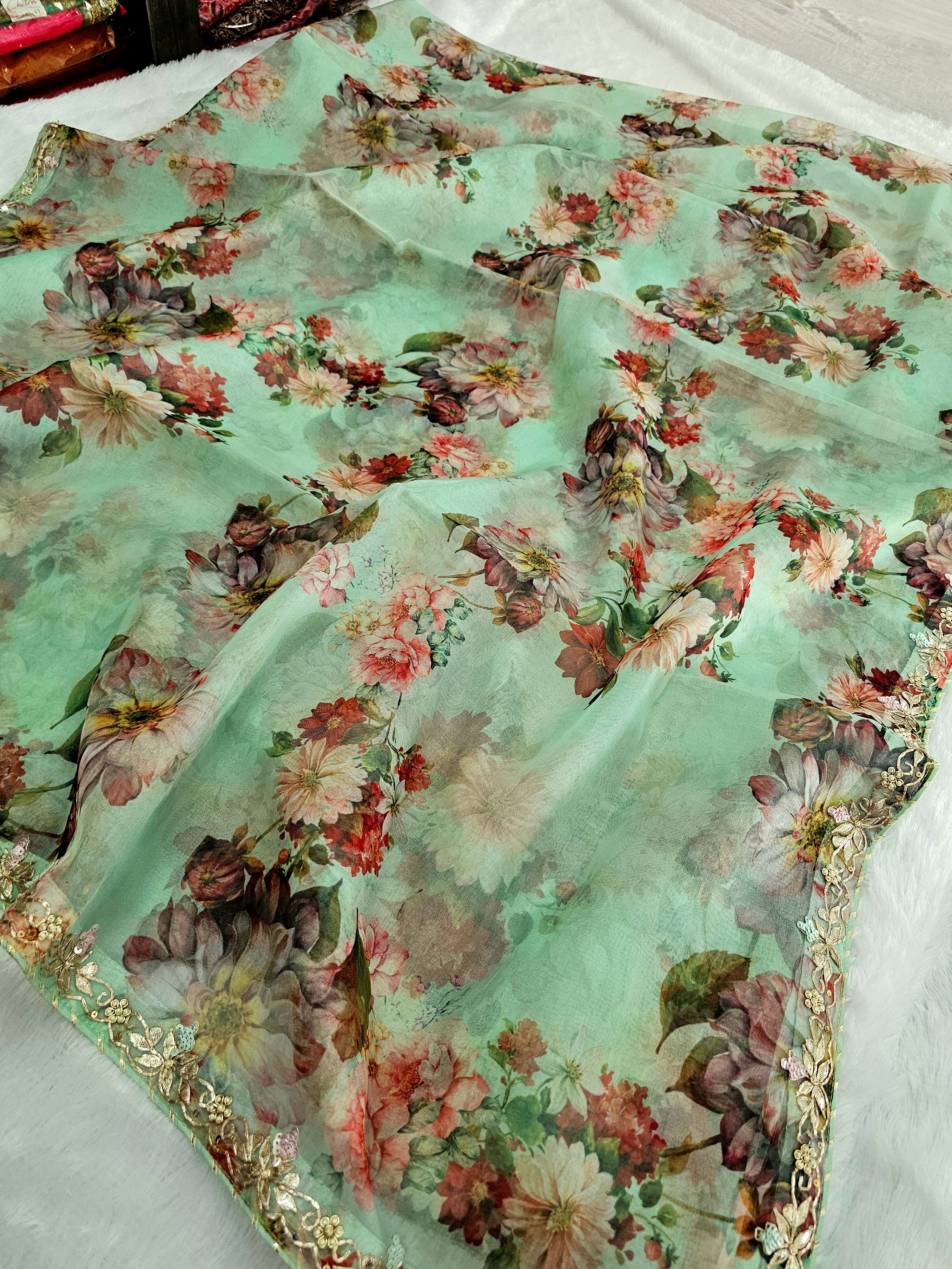 9315 Very Elegant Floral Print Pure Organza Saree with Gota Patti Work