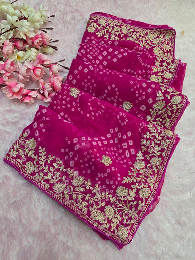 967001 Rajasthani Traditional Georgette Bandhani Saree with Pitta Work - Pink
