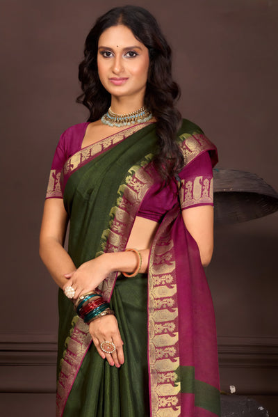 919003 Georgette Crepe Silk Soli Color with Banarasi Weaving  Border Saree - Green