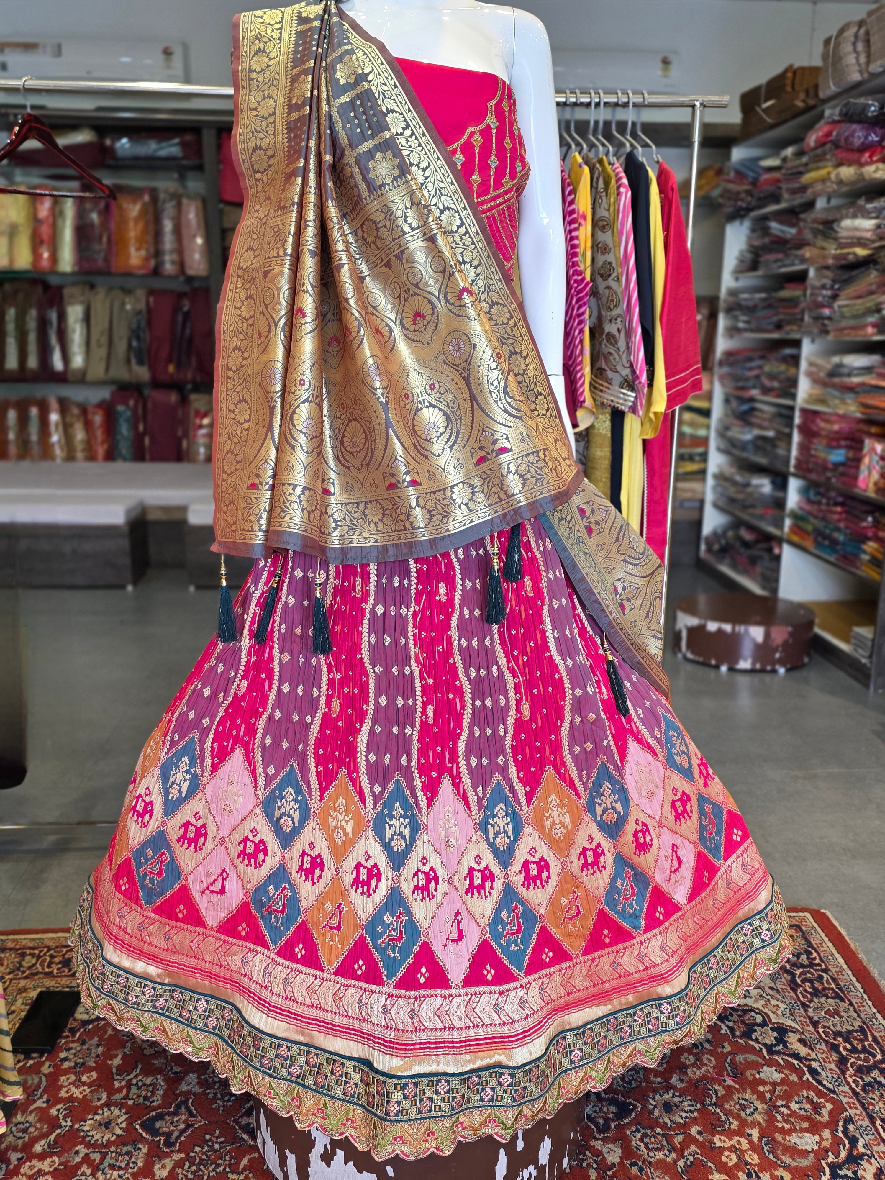 930001 Soft Silk Crush Patola Unstitched Lehenga with Heavy Work Blouse & Banarasi Silk Dupatta