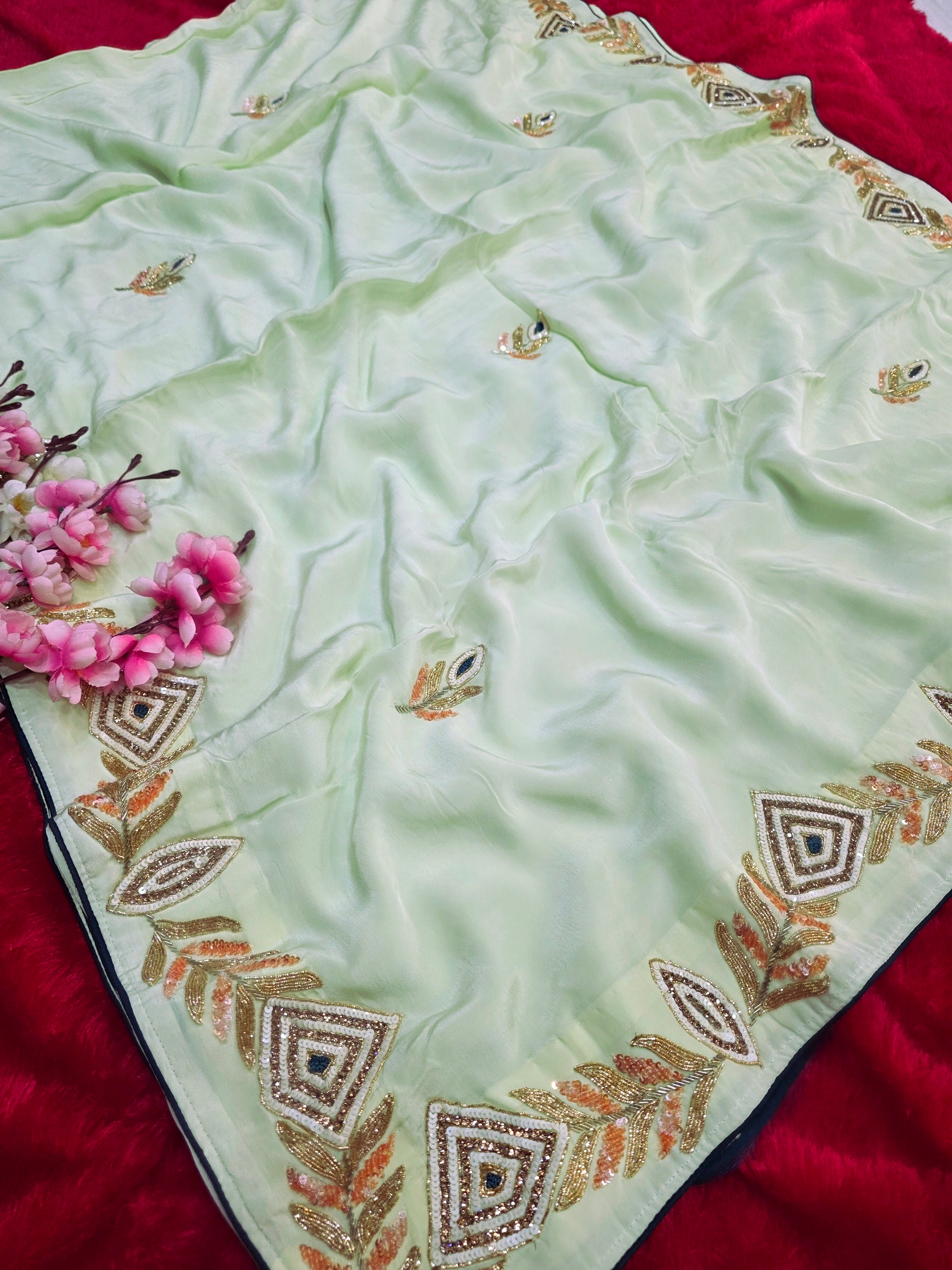 961003 Pure Crepe Silk Beautiful Hand Crafted Designer Light Green  Saree 5763