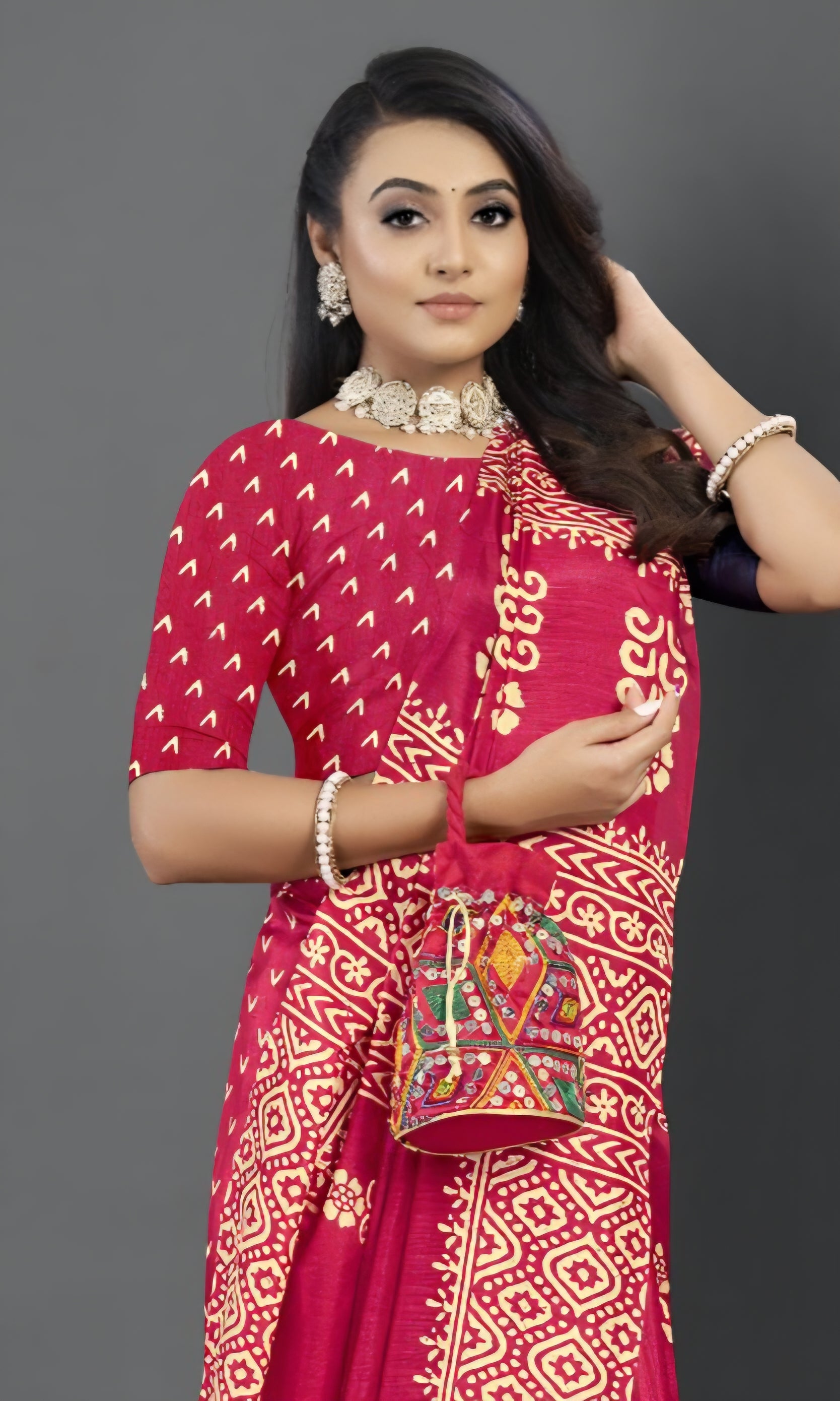 911007 Very Soft and Premium Looking Semi Dola Silk Batik Print Saree - Rani