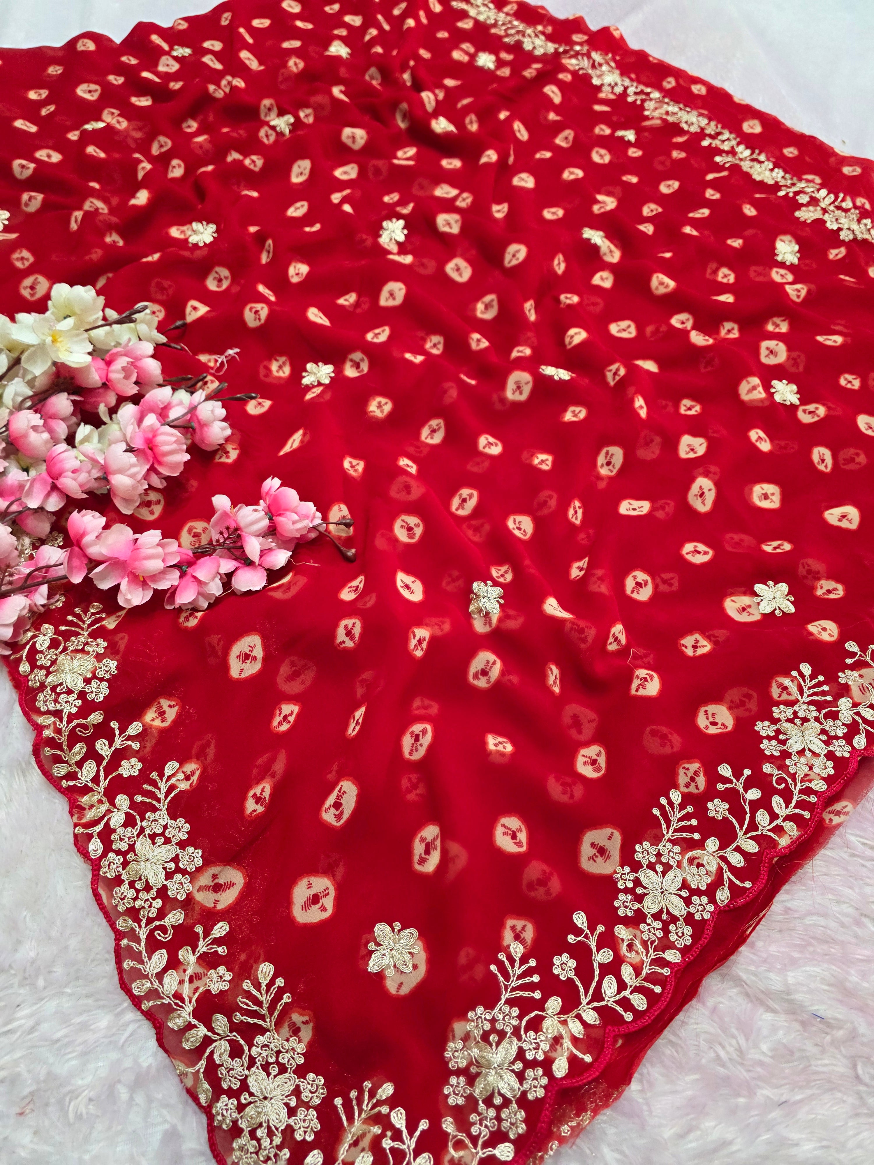 969001 Rajasthani Traditional Georgette Bandhani Saree with Pitta Work - Red
