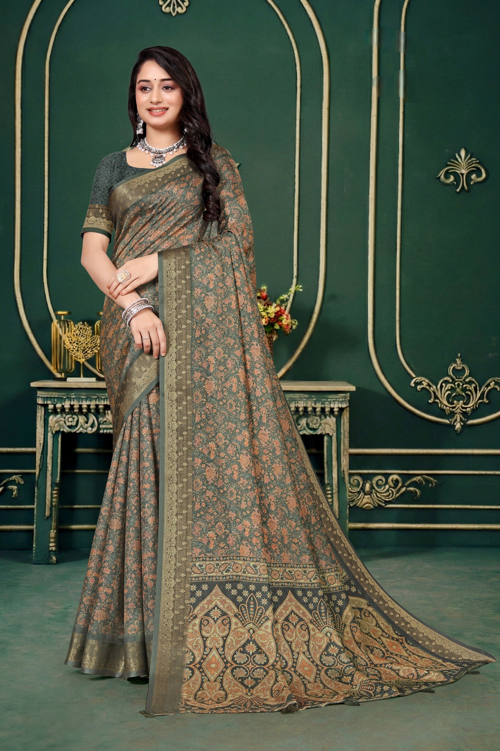 102207 Designer Soft Dola Silk Flower Printed Saree with Zari Weaving Border