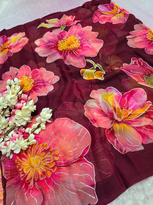 991001 Lightweight Elegant Semi Chiffon Flower Print Saree with Zari Print - Wine