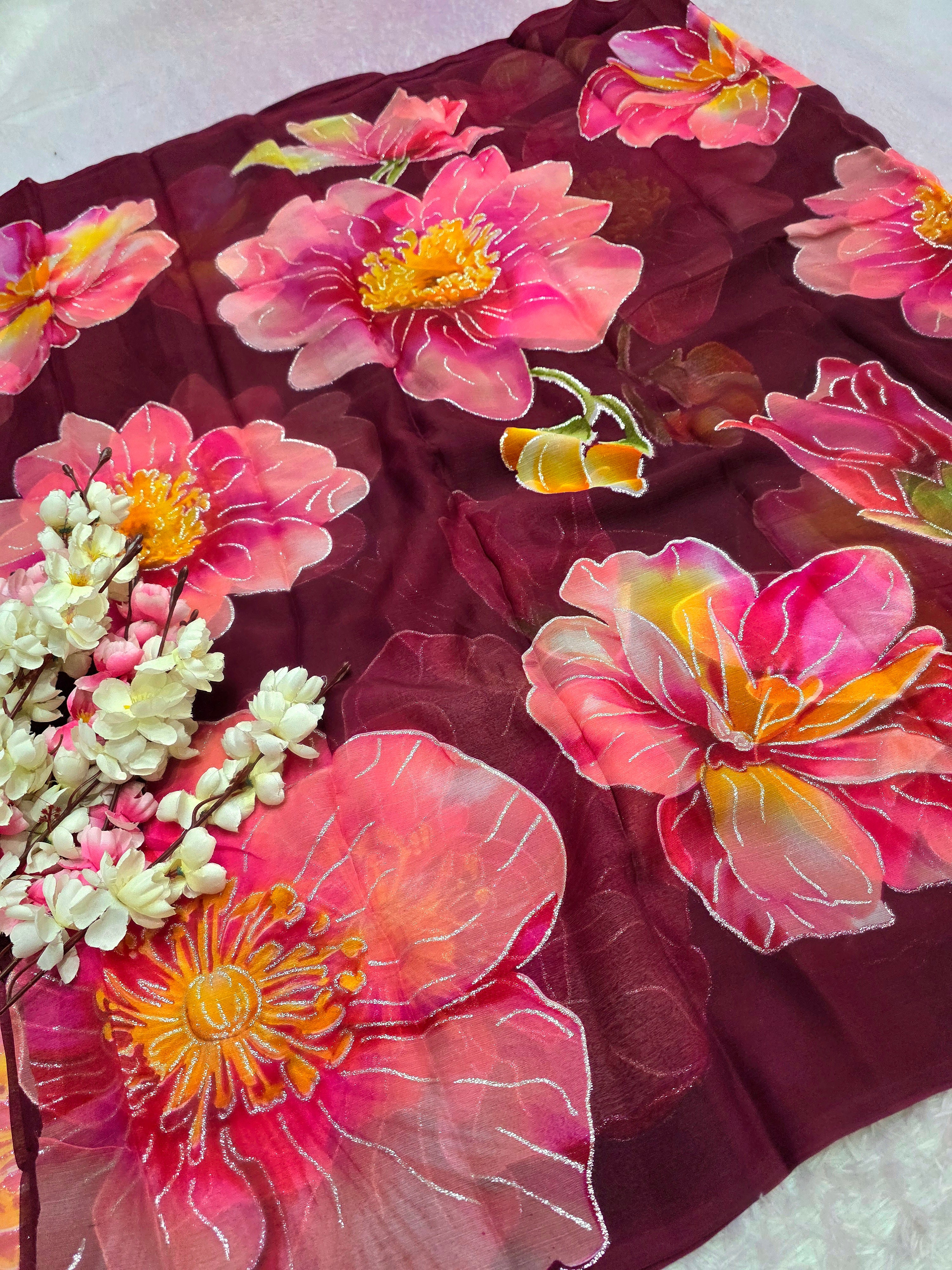 991001 Lightweight Elegant Semi Chiffon Flower Print Saree with Zari Print - Wine