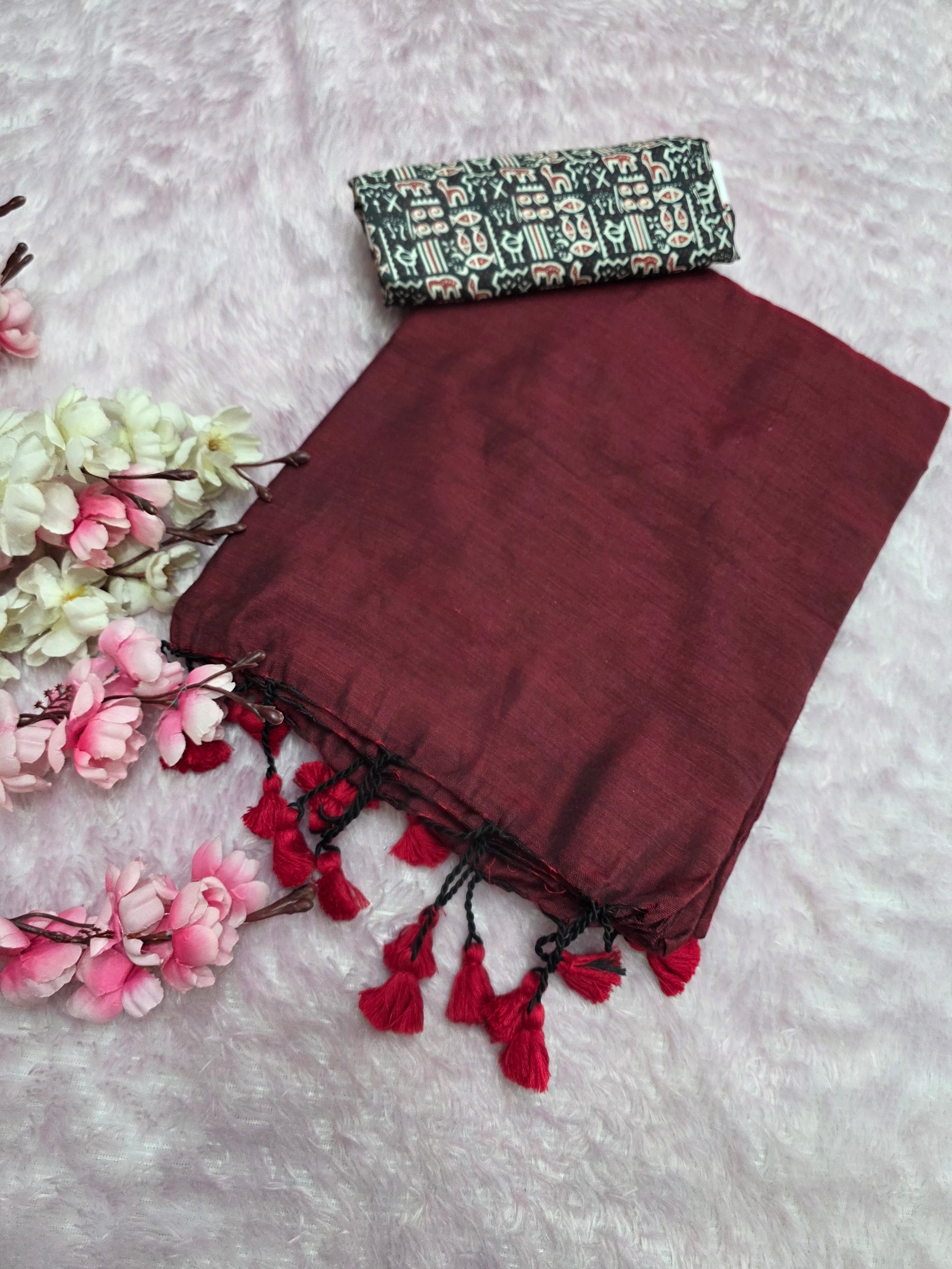 964003 Designer Soft Natural Cotton Solid Maroon Color Saree with Ajrakh Print Blouse