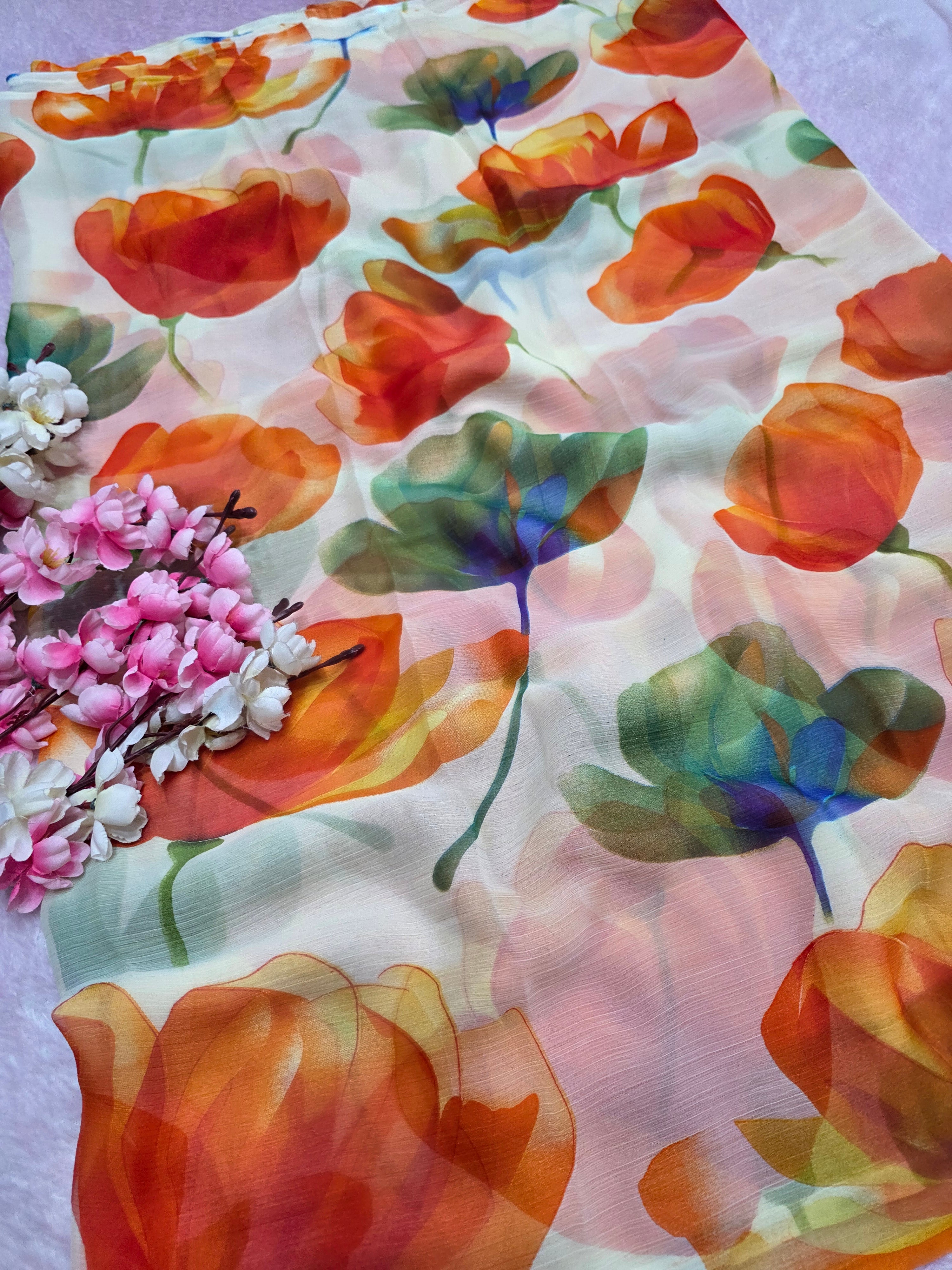103905 Lightweight Elegant Semi Chiffon Flower Print Saree - Orange