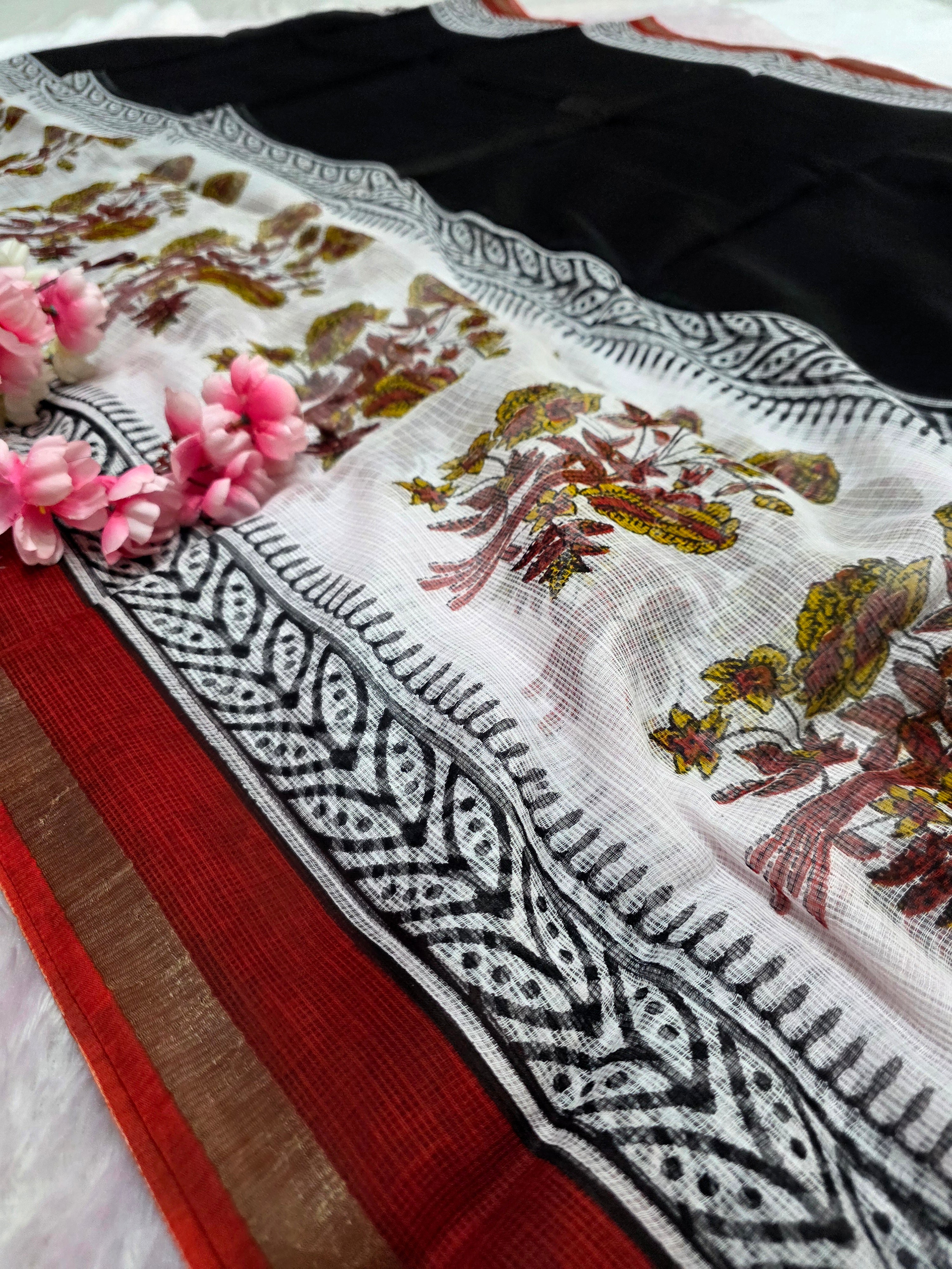 101604 Pure Kota Doriya Hand Printed Saree with Zari Weaving Border