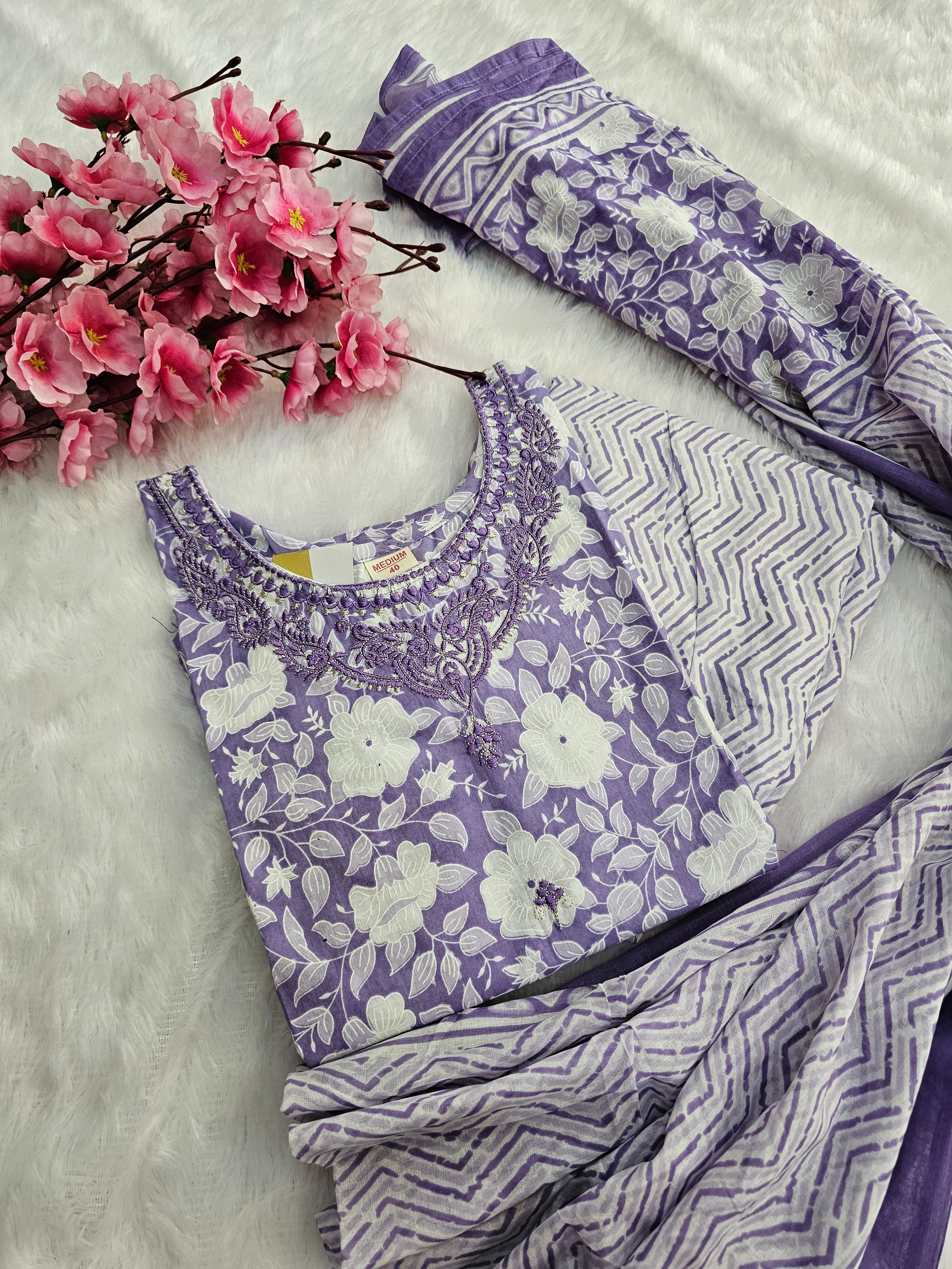 767005 Purple Color Embroidered Pure Cotton Printed Straight Kurti With Pant & Dupatta