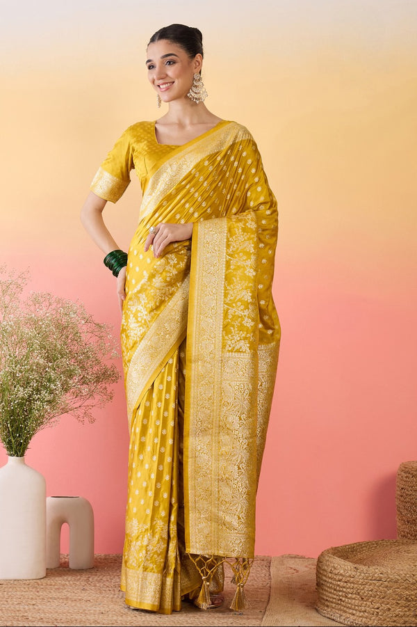 912003 Small Butta Banarasi Satin Silk Saree - Golden Yellow