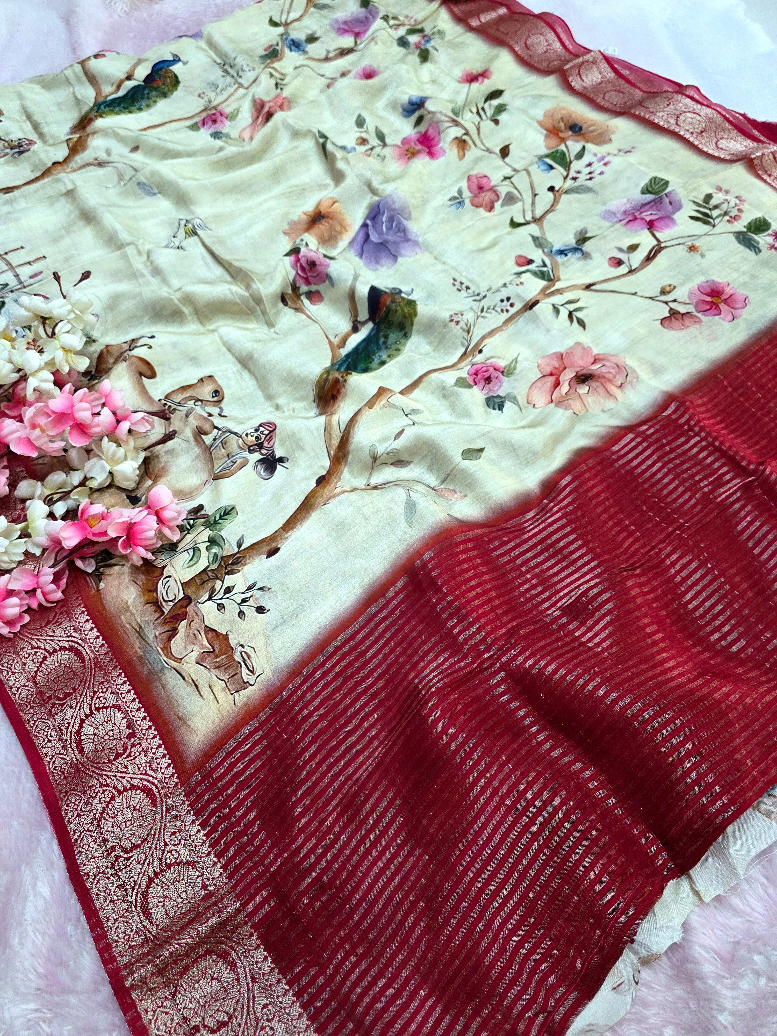 102303 Beautiful Pure Maslin Silk Traditional Print Saree with Zari Weaving Border and beautiful Brocket Blouse