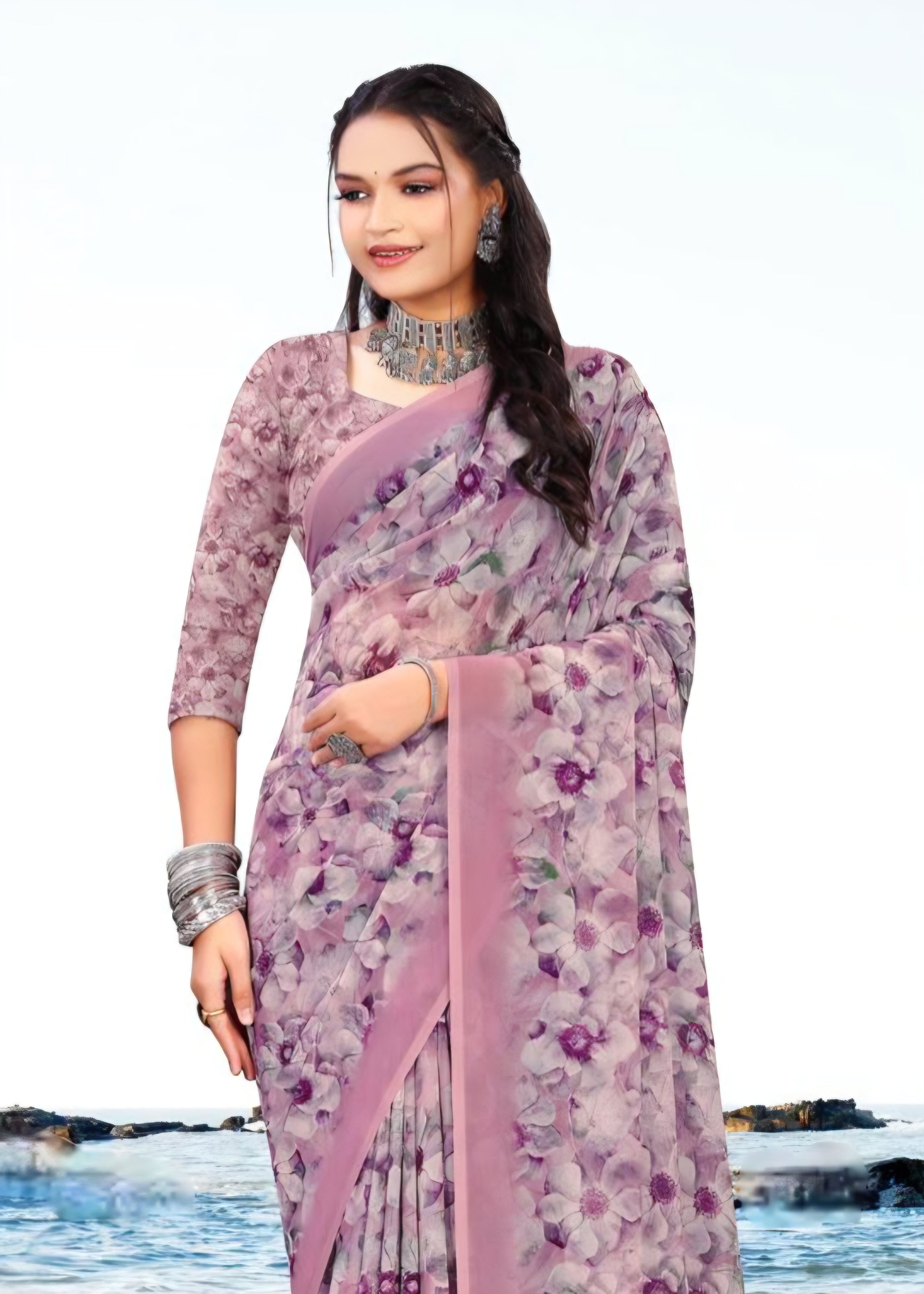 626009 हैवी जॉर्जेट डिजिटल प्रिंट साड़ी