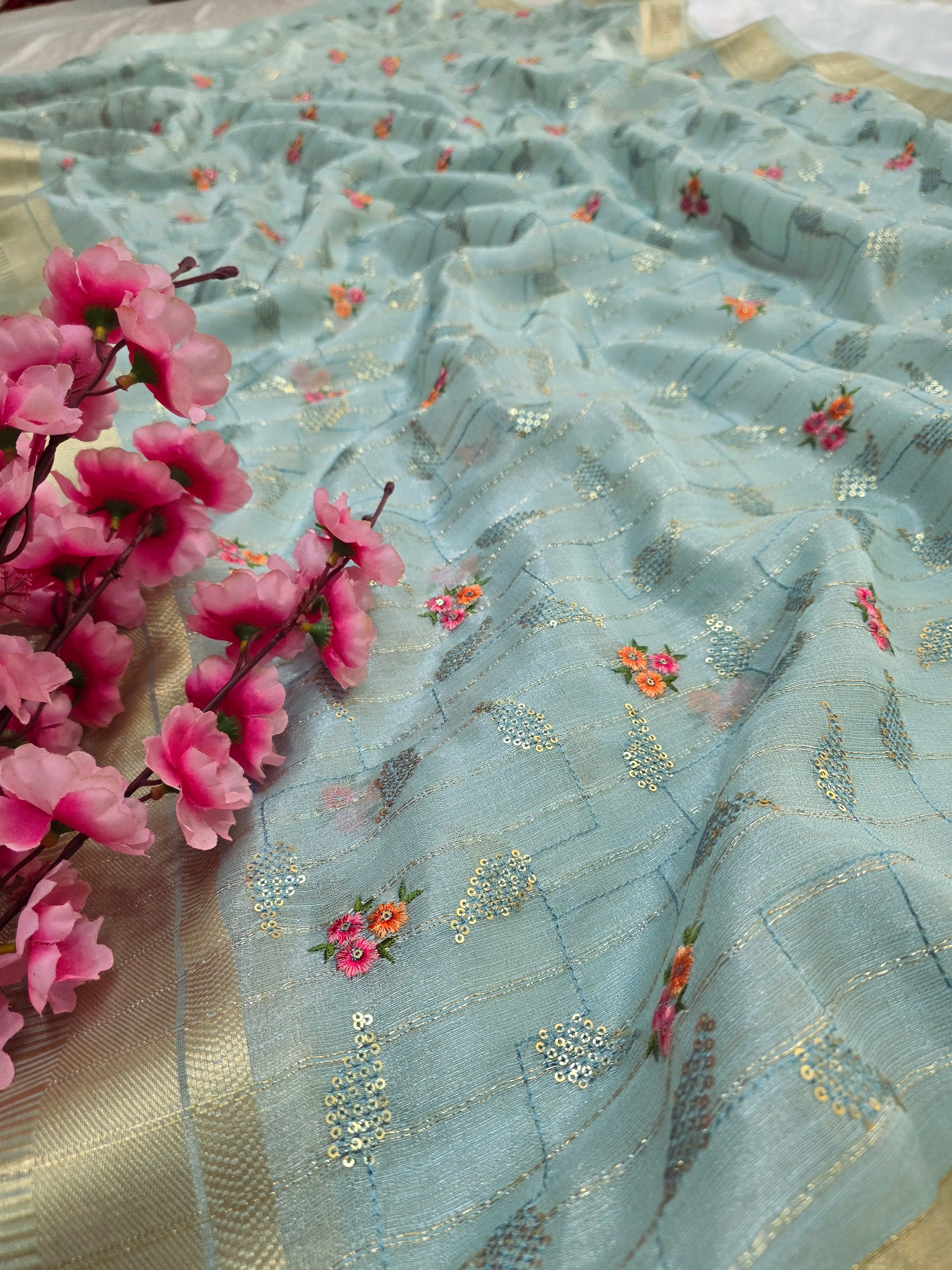 785007 Linin Tussue Saree With Resham and Sequence Work