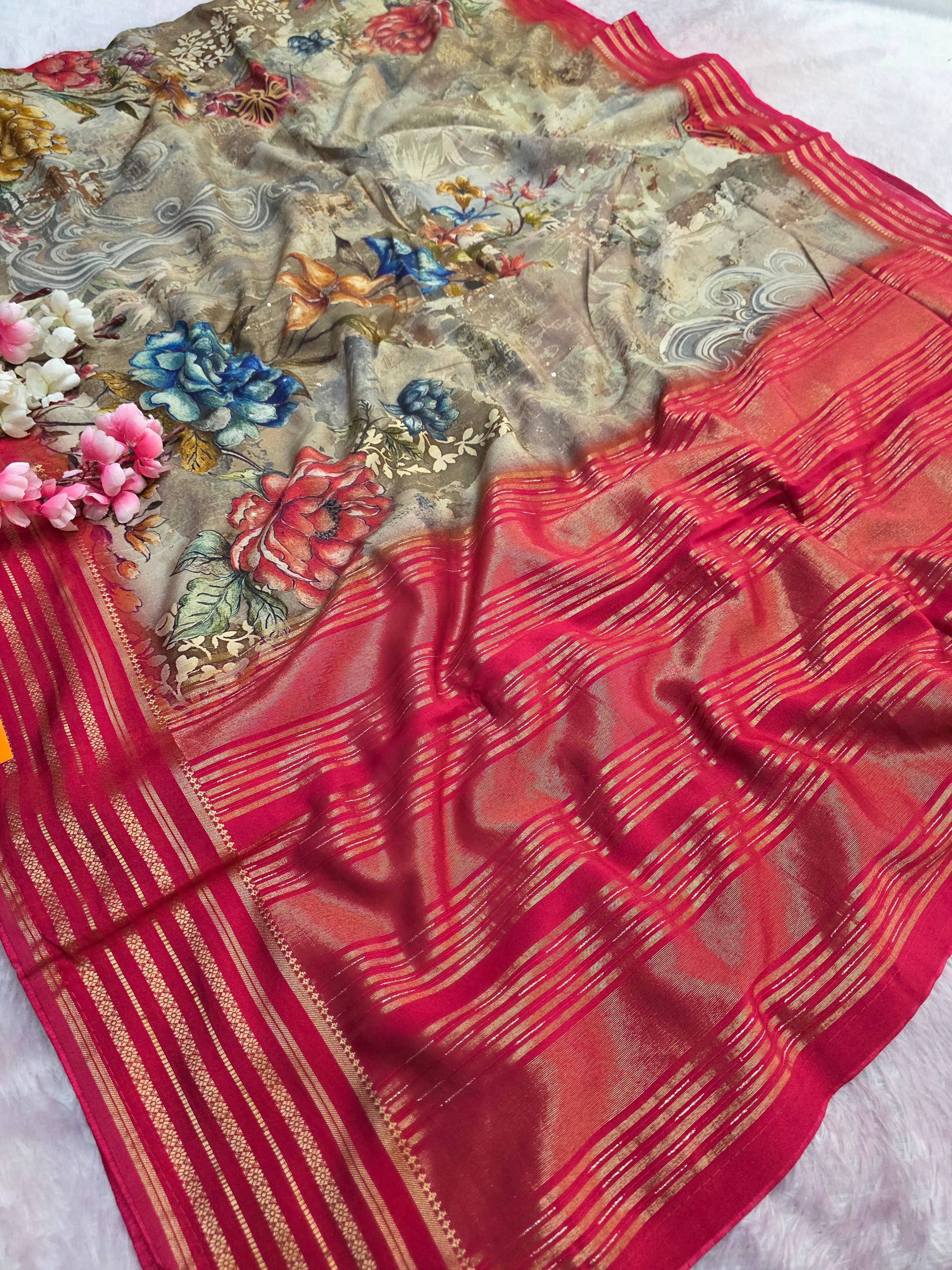 104004 Chitra Special Maslin Silk Designer Hand Print Saree with Zari Weaving Border