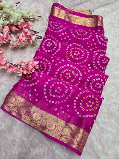 966002 Traditional Hand Bandhani Chinon Silk Soft Saree - Pink