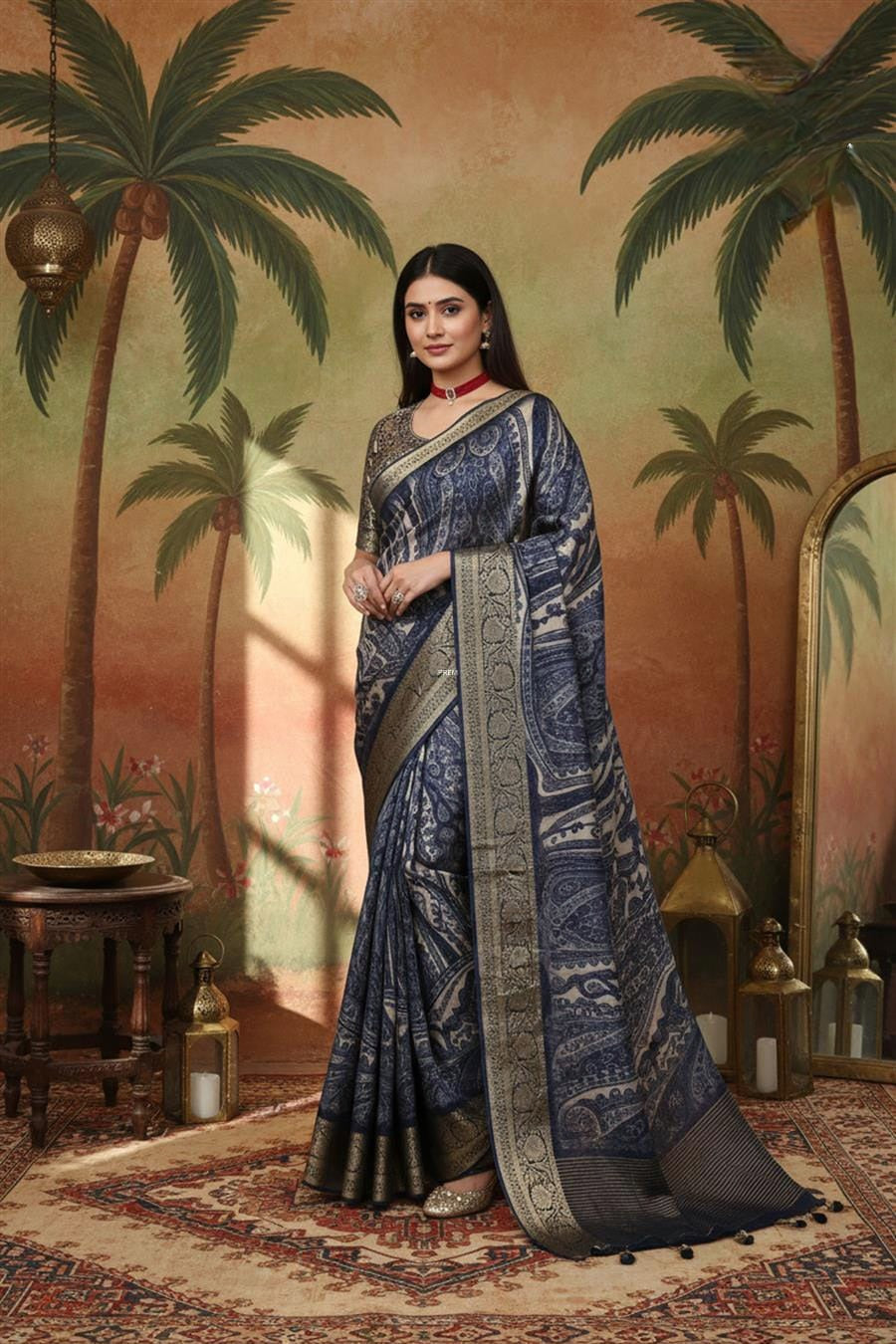 996003 Beautiful Pure Maslin Silk Traditional Print Saree with Zari Weaving Border and Heavy Brocket Blouse