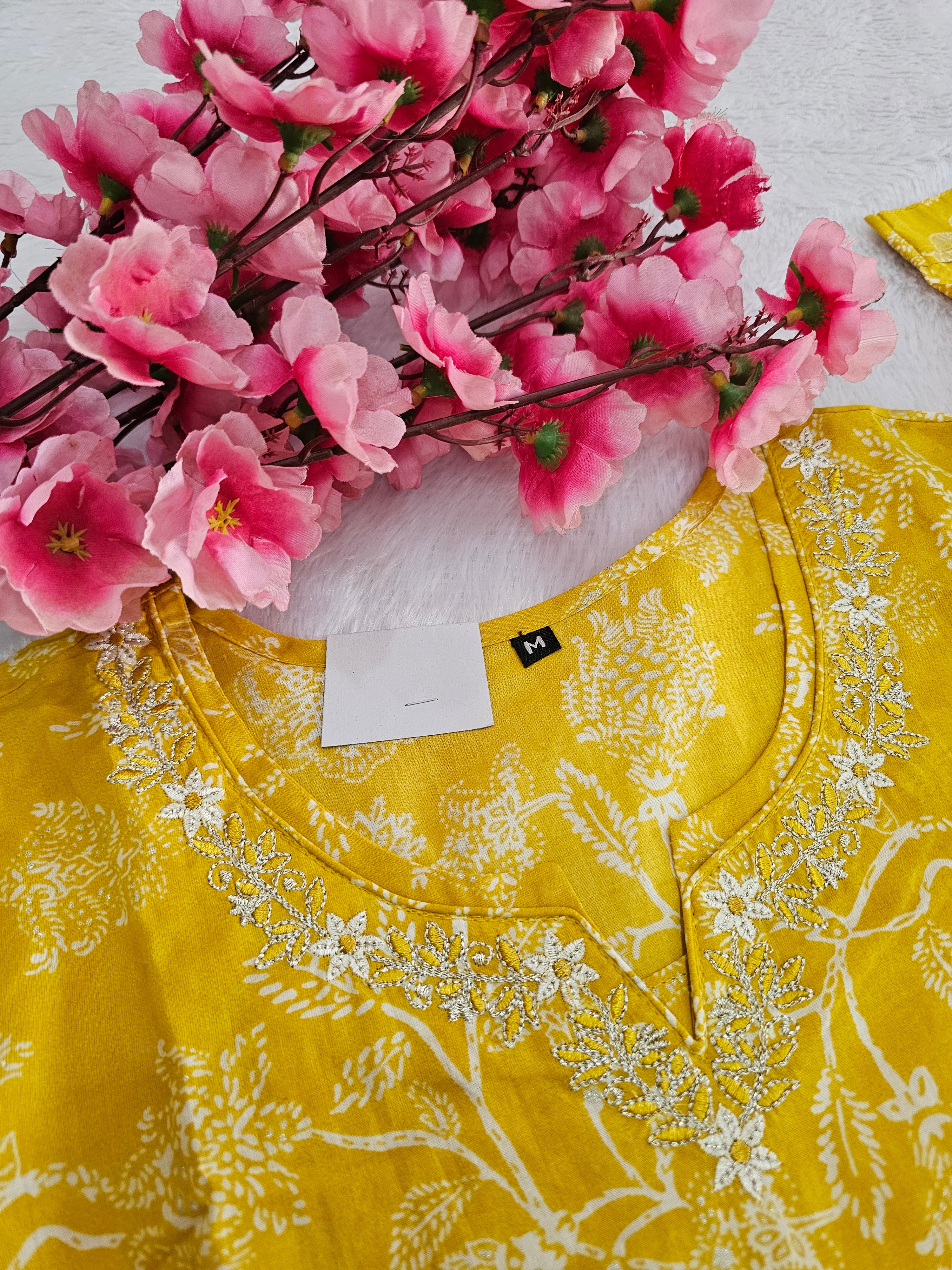 770005 Yellow Color Embroidered Pure Cotton Flower Printed Straight Kurti With Pant & Dupatta