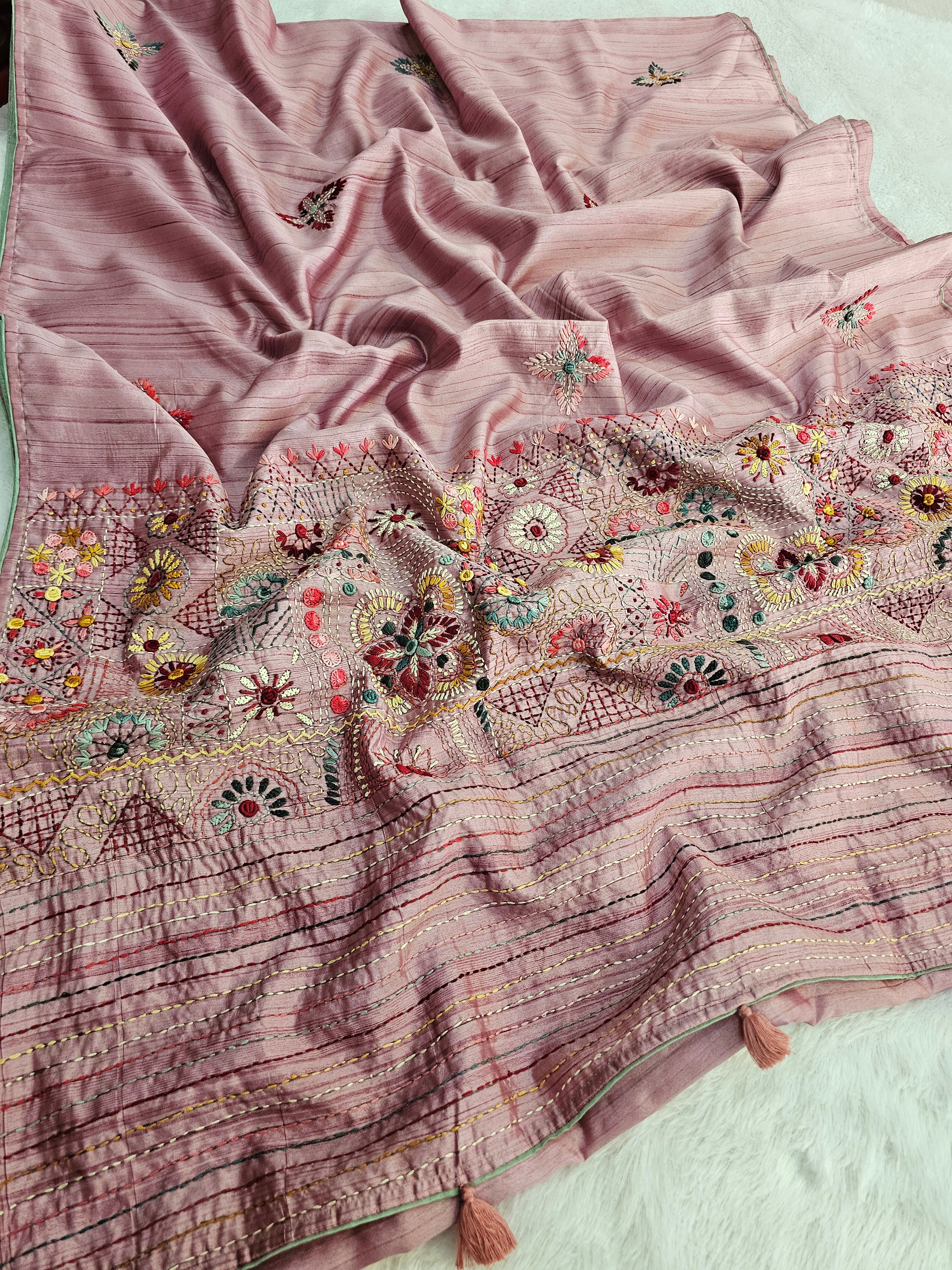 769005 Semi Tusser Silk Hand Made Premium Embroidery Saree