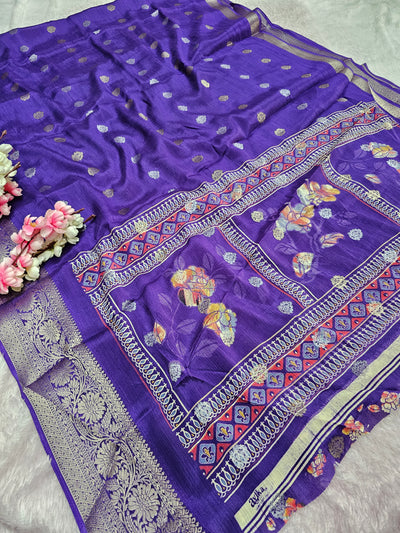 994003 Beautiful Soft Wrinkle Chinon Silk Zari Weaving Saree With Printed Pallu - Purple