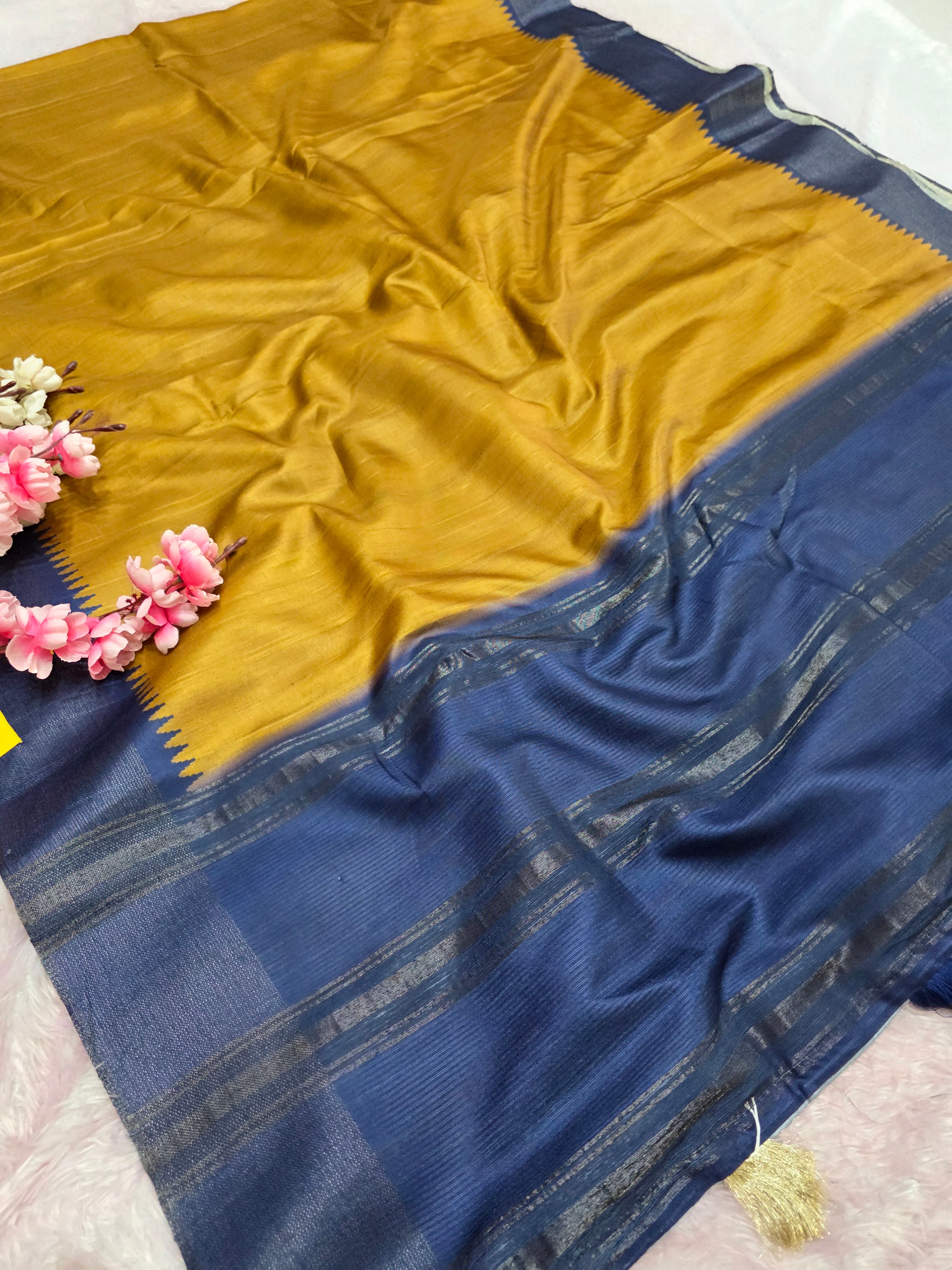 103108 Chitra Special Soft Banarasi Silk Saree with Heavy Flower Printed Blouse - Mustered