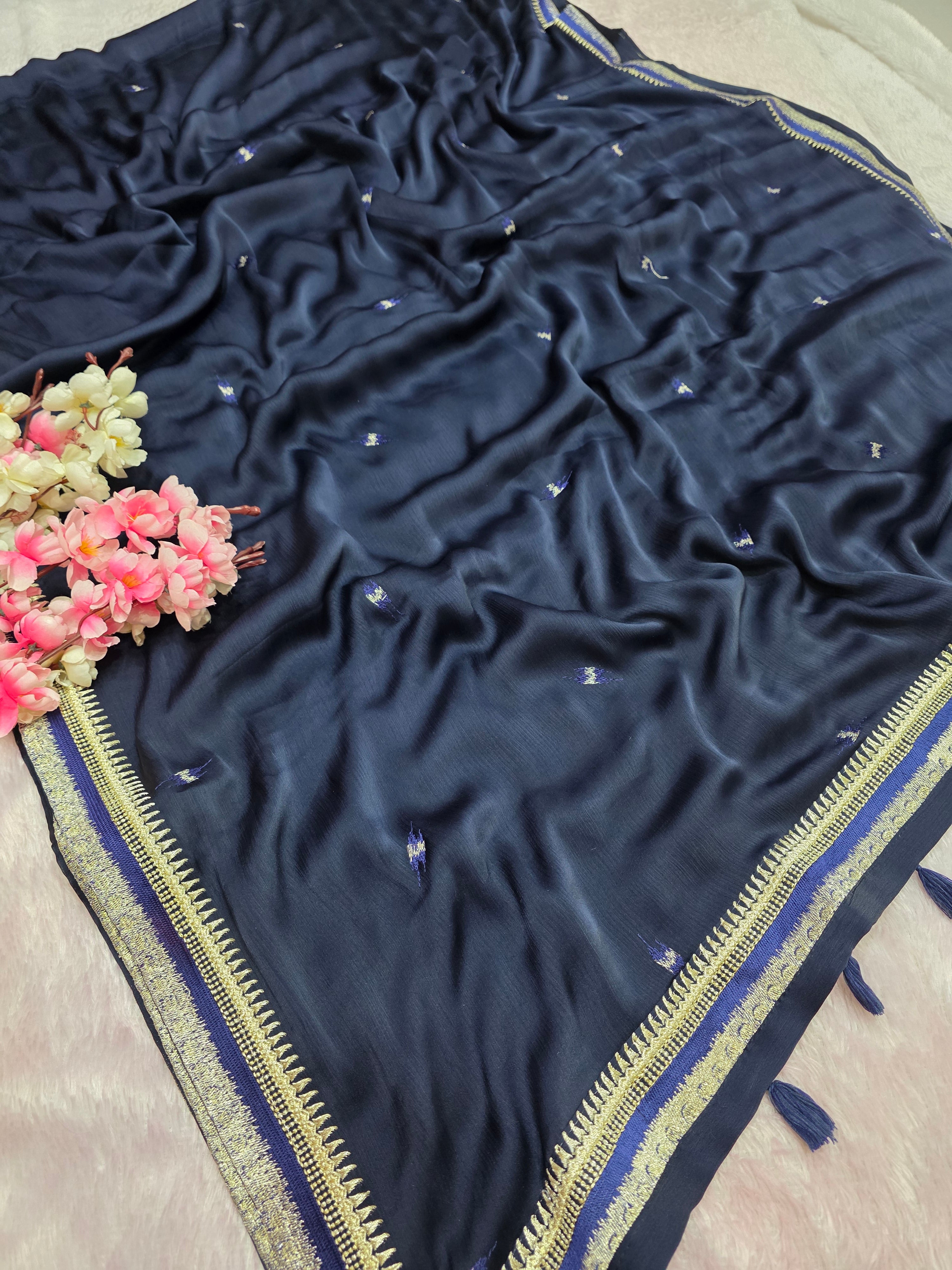 शुद्ध टसर सिल्क हाथ से बनी लेहरिया साड़ी प्रीमियम गोटापट्टी वर्क के साथ - 8837