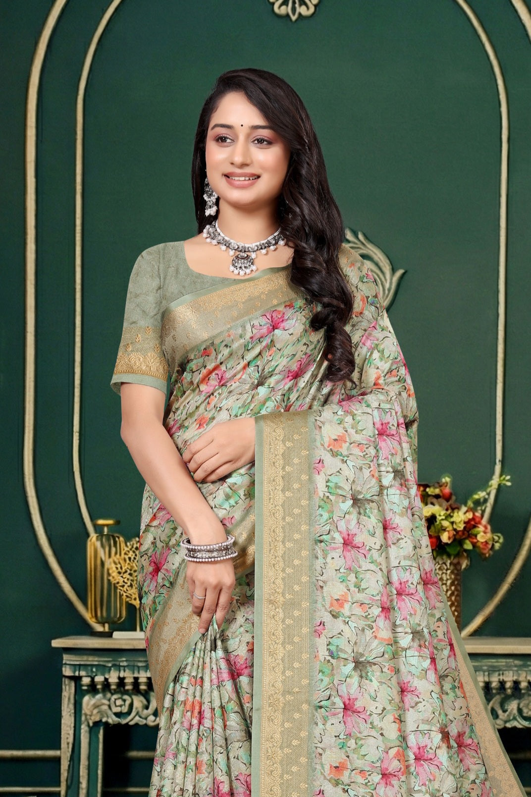 102208 Designer Soft Dola Silk Flower Printed Saree with Zari Weaving Border