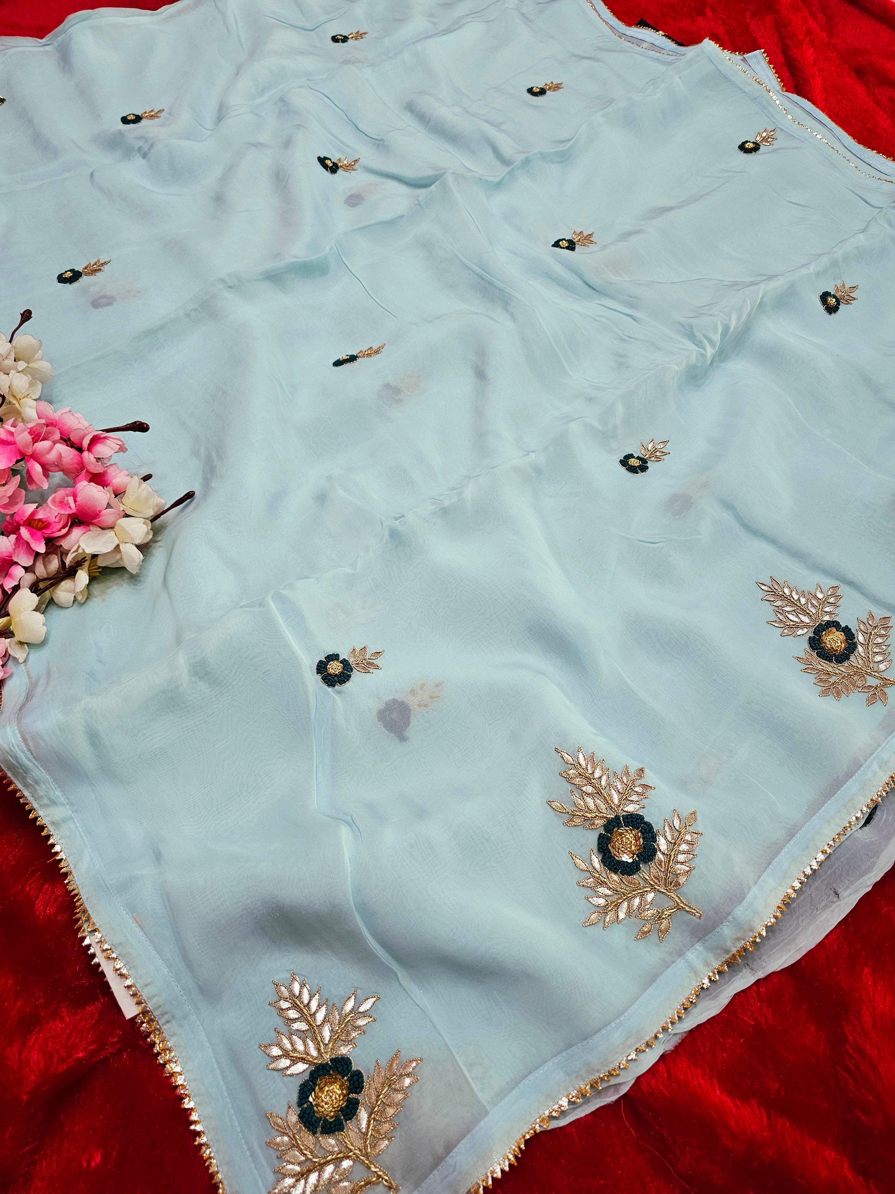 8068 Designer Party Wear Pure Soft Organza Saree with Hand Gota Patti Work