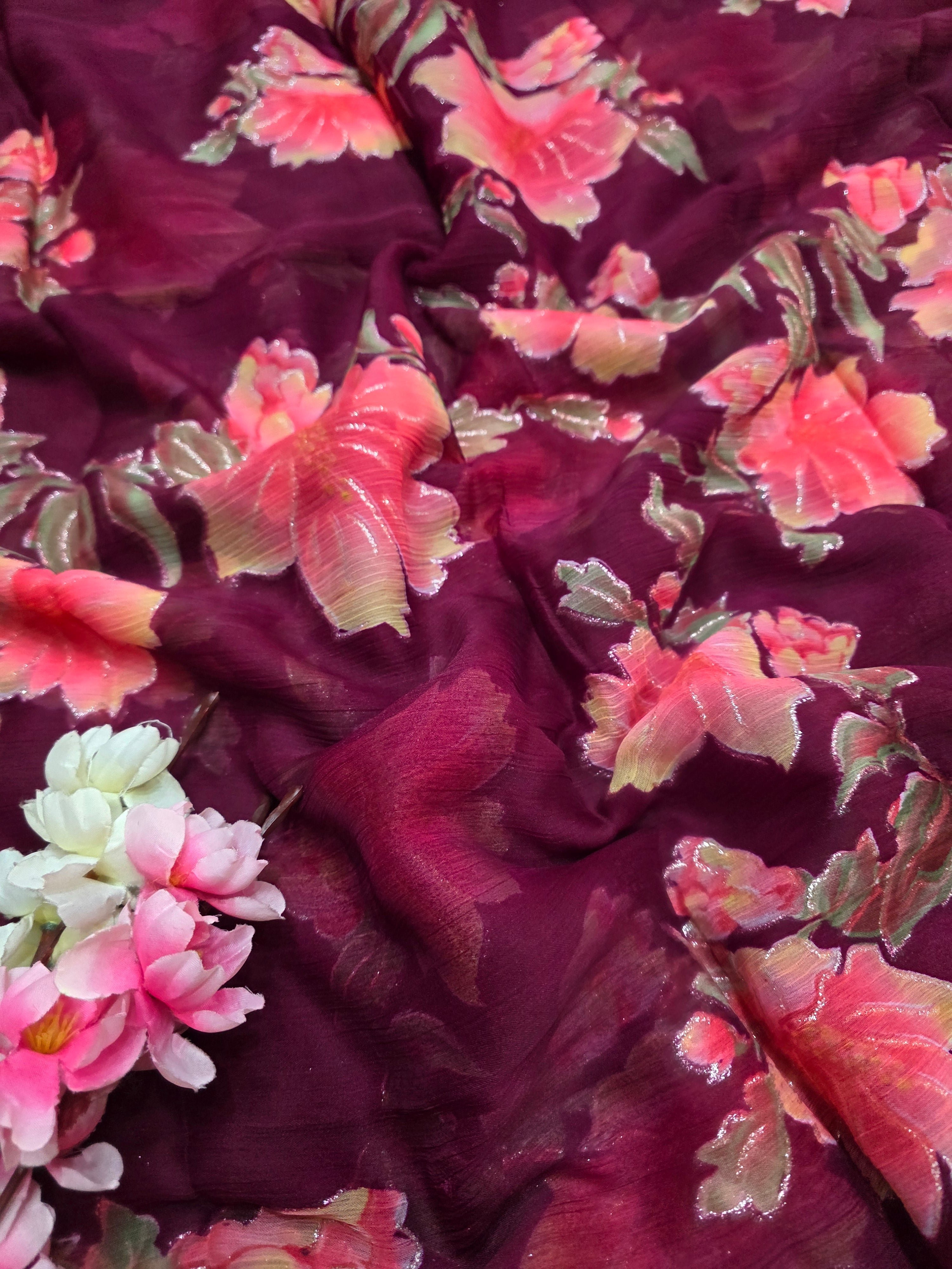 991005 Lightweight Elegant Semi Chiffon Flower Print Saree with Zari Print - Wine
