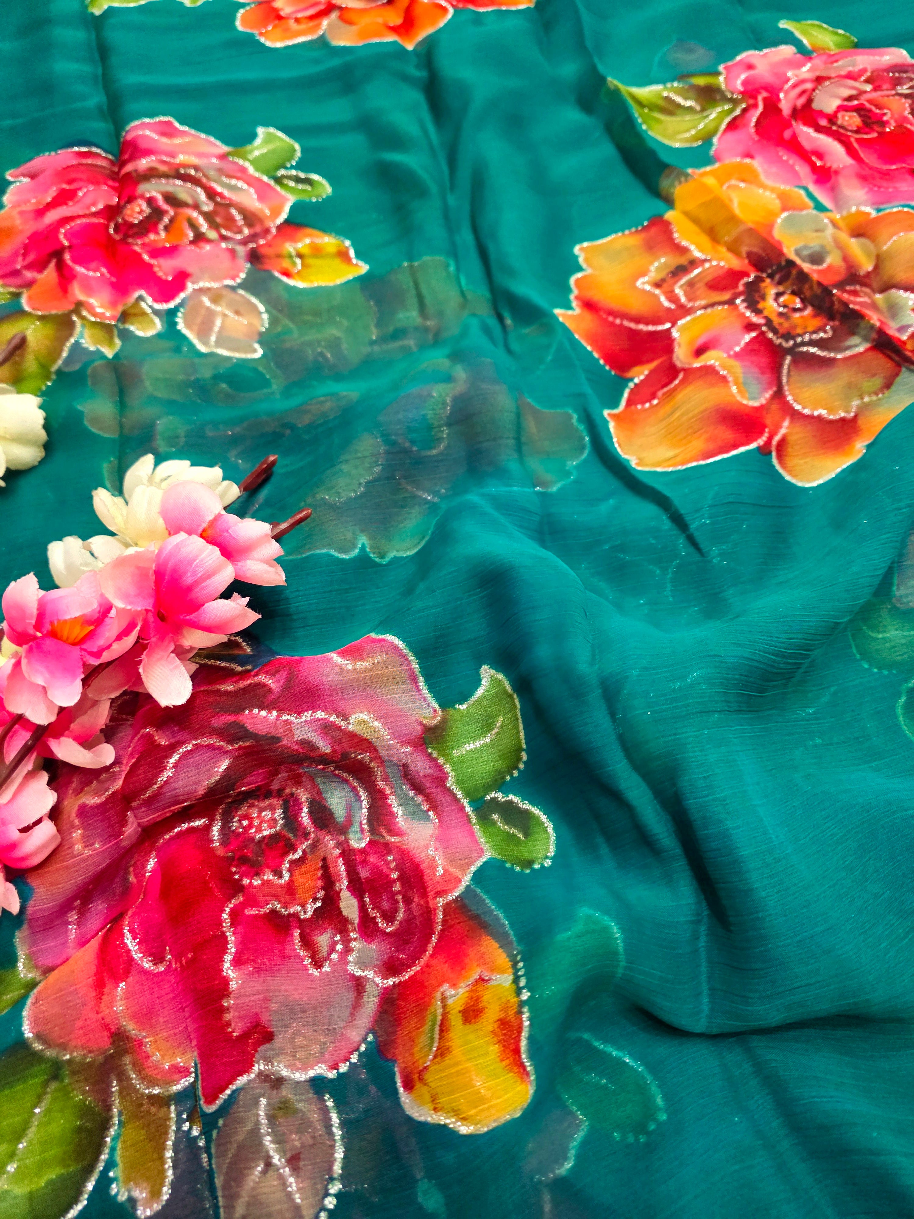 991004 Lightweight Elegant Semi Chiffon Flower Print Saree with Zari Print - Teal