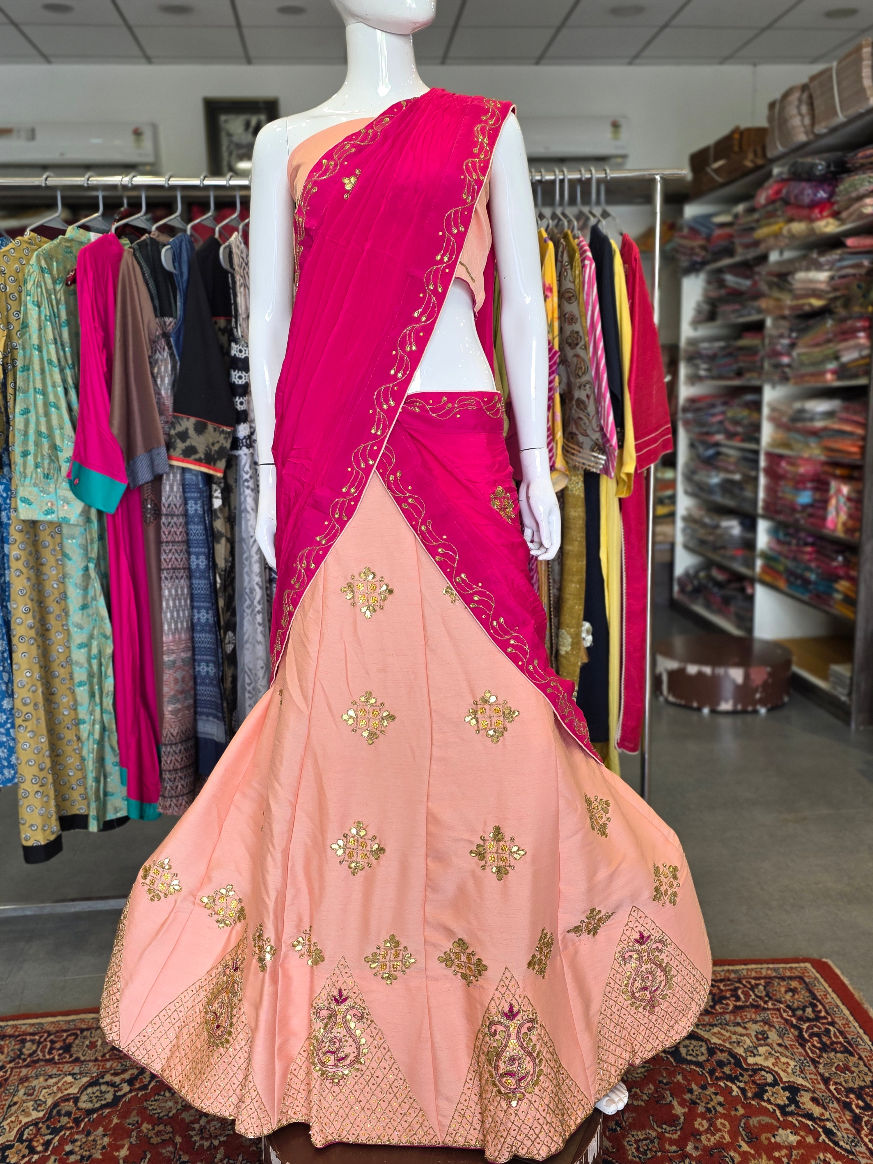 930002 Russian Silk Unstitched Lehenga with Hand Cutdana & Gota Work & Chinon Silk Dupatta