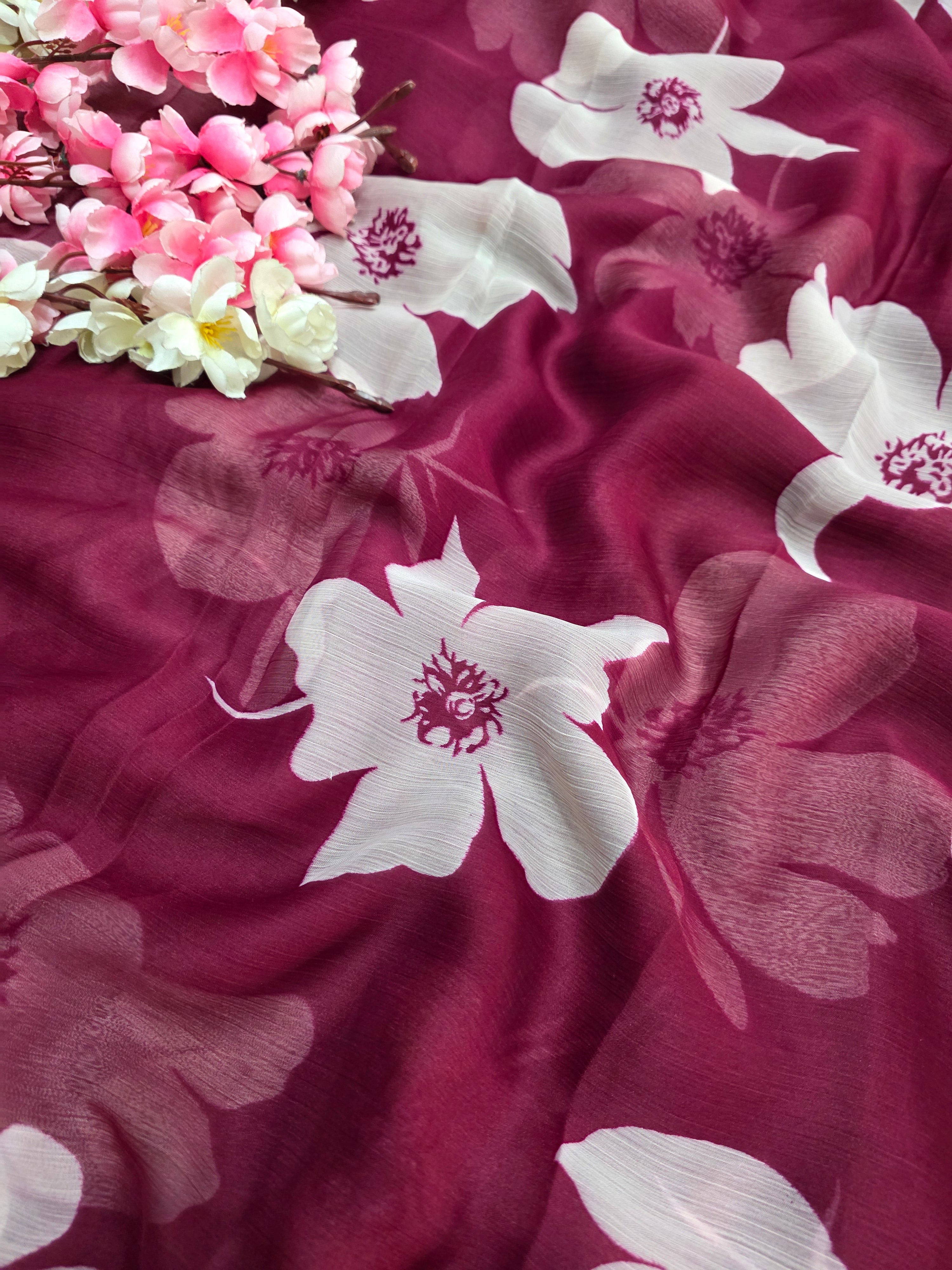 103903 Lightweight Elegant Semi Chiffon Flower Print Saree - Wine