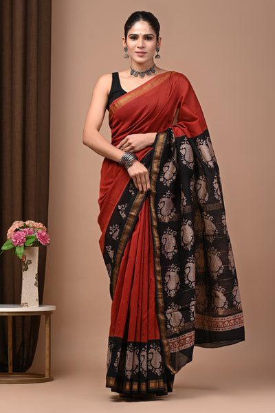 578010 शुद्ध माहेश्वरी कॉटन सिल्क हैंडब्लॉक प्रिंटेड साड़ी 