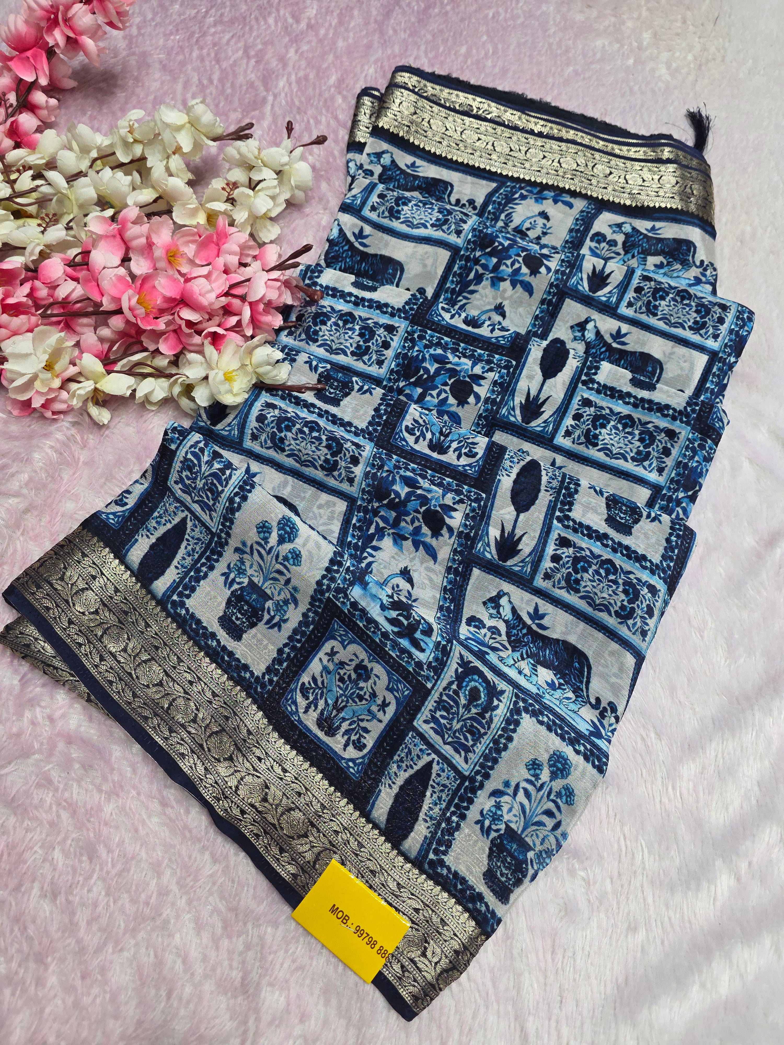 CA0705 pure chinon silk flower saree blue