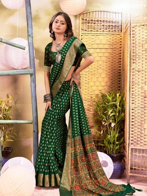 920005 Georgette Crepe Silk Saree with Small Prints and Banarasi Border - Green