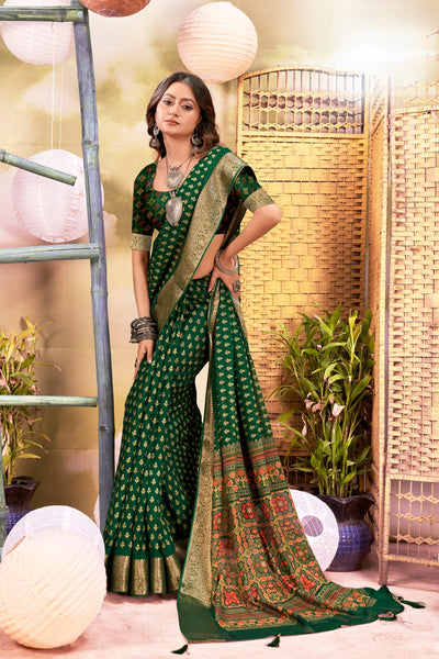 920005 Georgette Crepe Silk Saree with Small Prints and Banarasi Border - Green