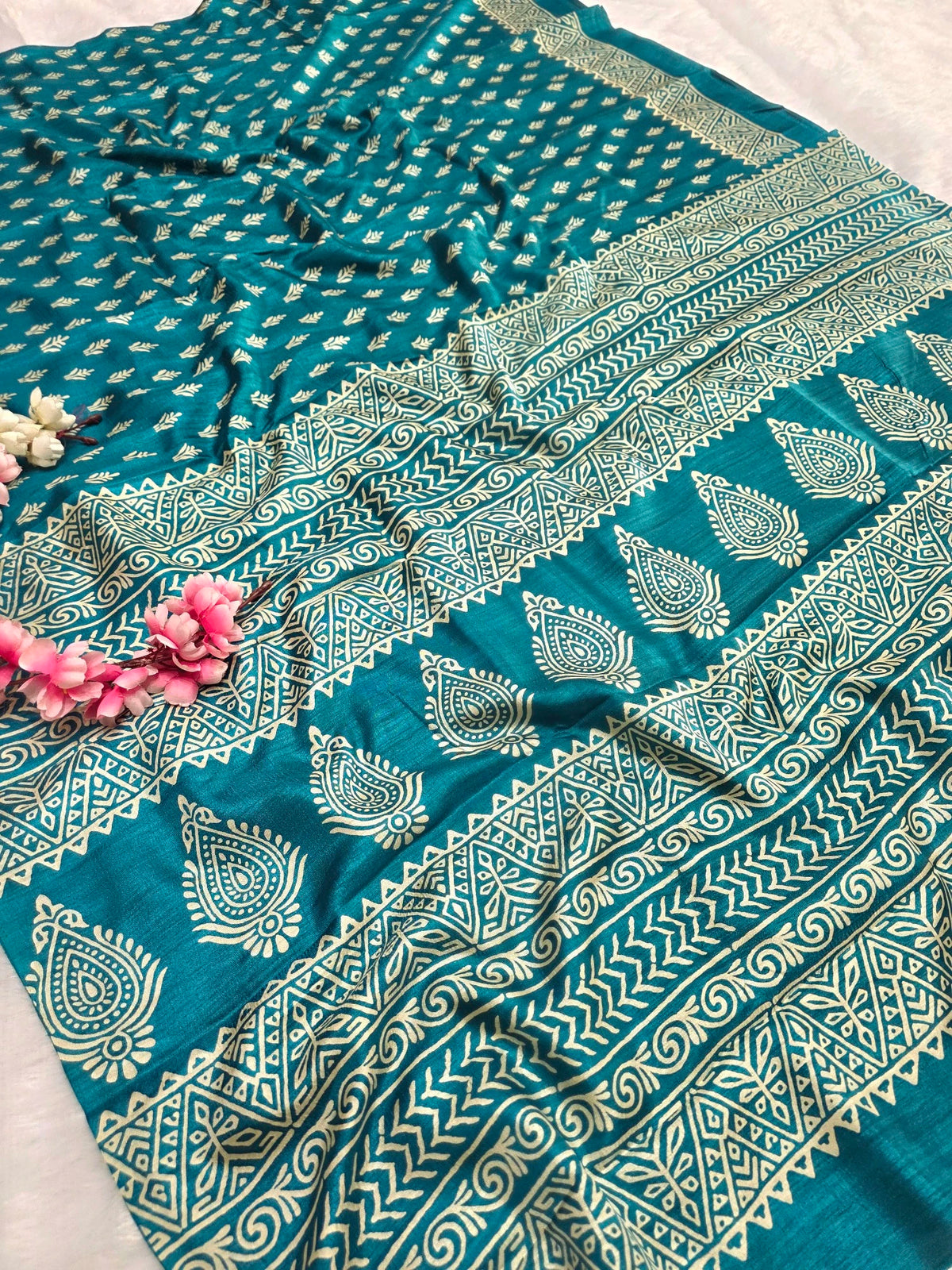 KS122 Semi Dola Silk Block Print Saree - Firozi