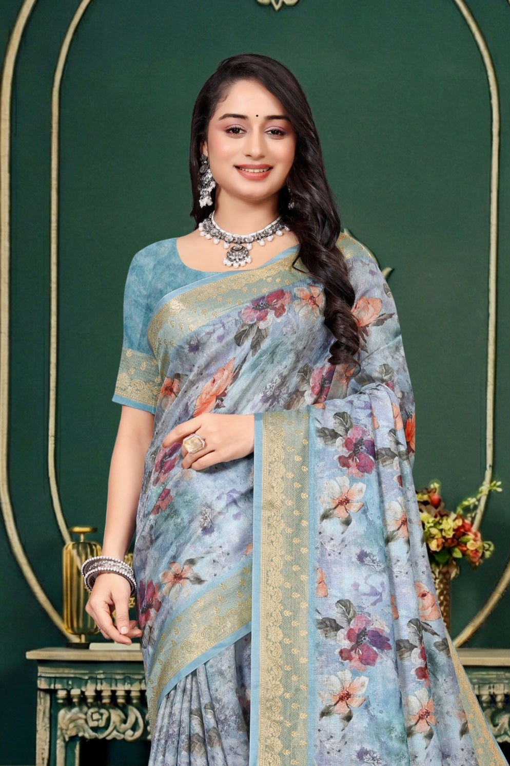 102209 Designer Soft Dola Silk Flower Printed Saree with Zari Weaving Border