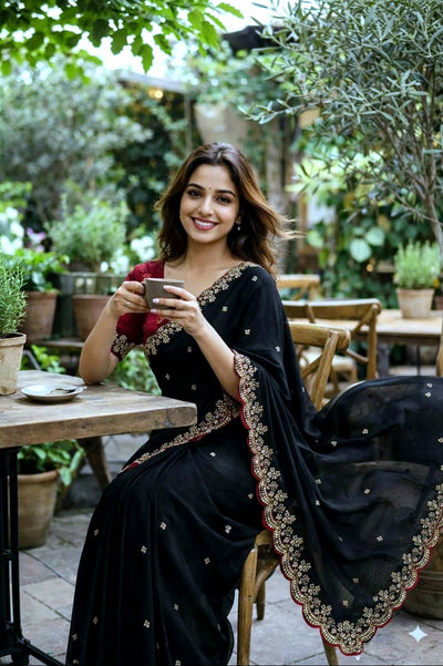 Georgette Crepe Silk Sequence Work Saree - Black