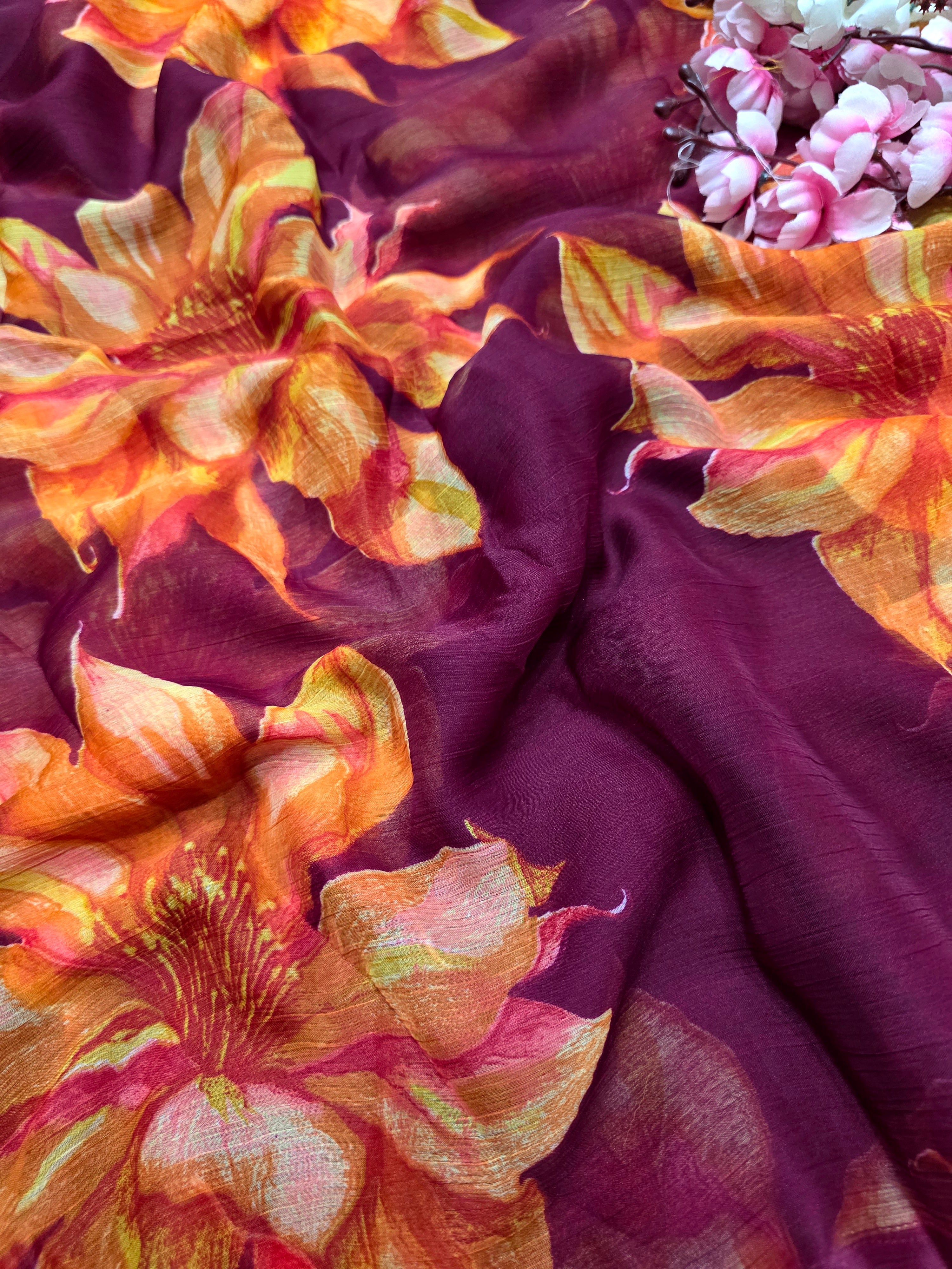 905001 Lightweight Elegant Semi Chiffon Flower Print Saree - Wine