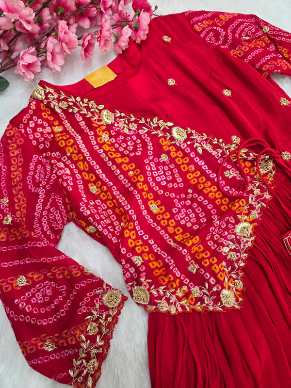 1662 प्रीमियम गज्जी सिल्क बंधनी शेडेड गाउन गज्जी सिल्क दुपट्टे के साथ 